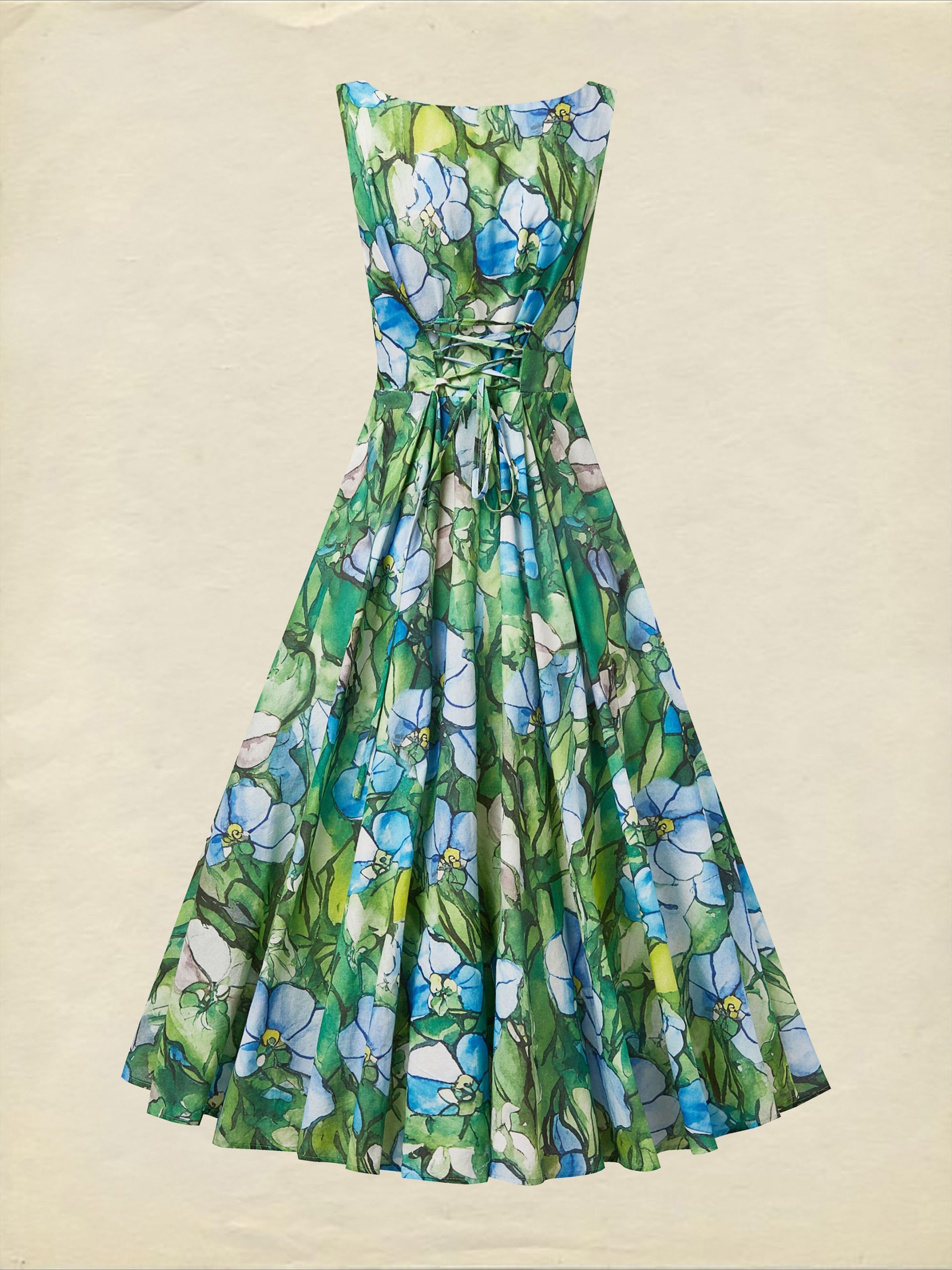 Maxi Linen Dress , Sleeveless, Square Neck, Floral, Church Glass, Vacation, Vintage, Green - Image 3