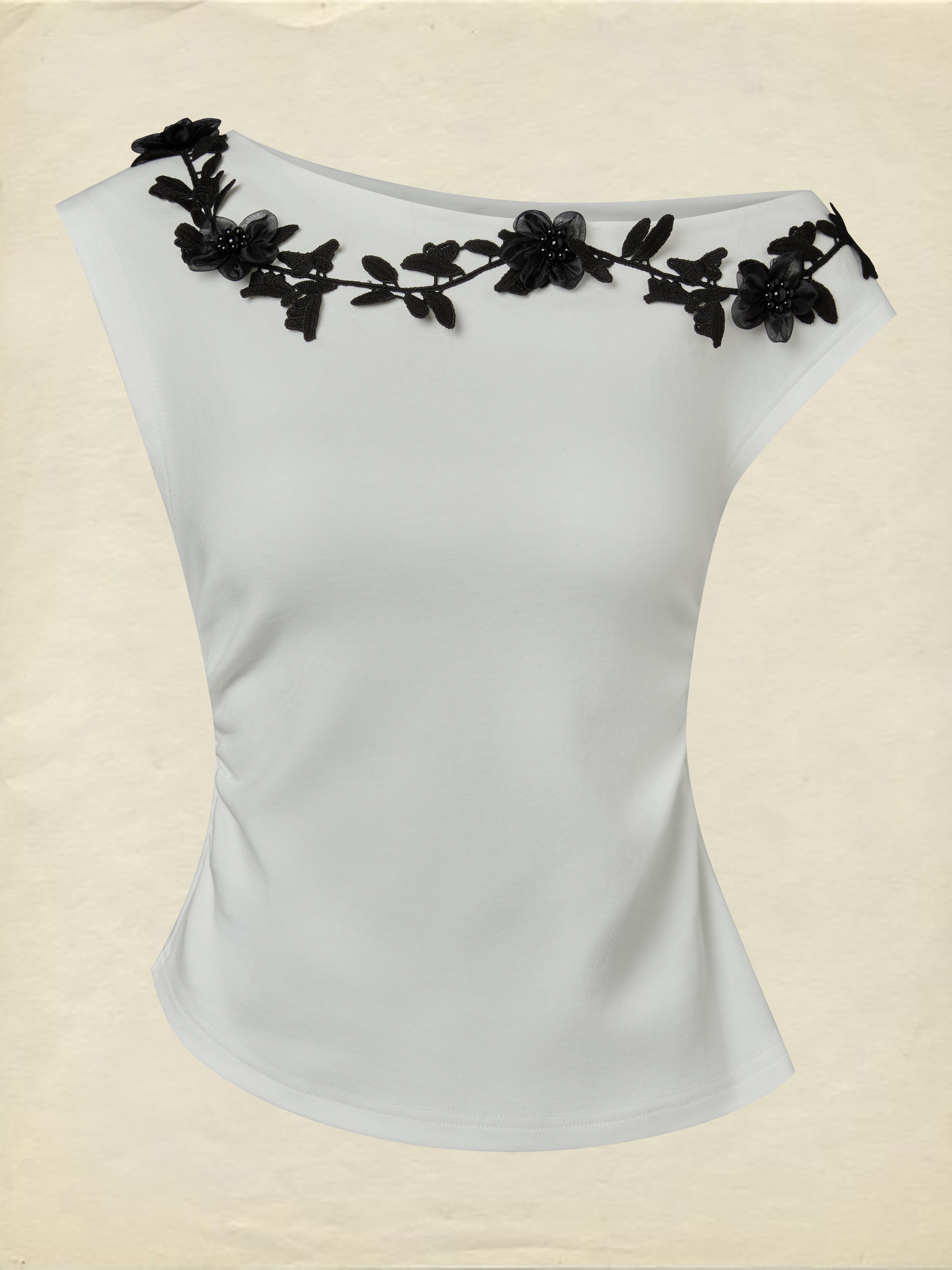 Cotton Knit Tee, Short Sleeves, Plain, 3D Floral, French Vintage, Ivory - Image 2