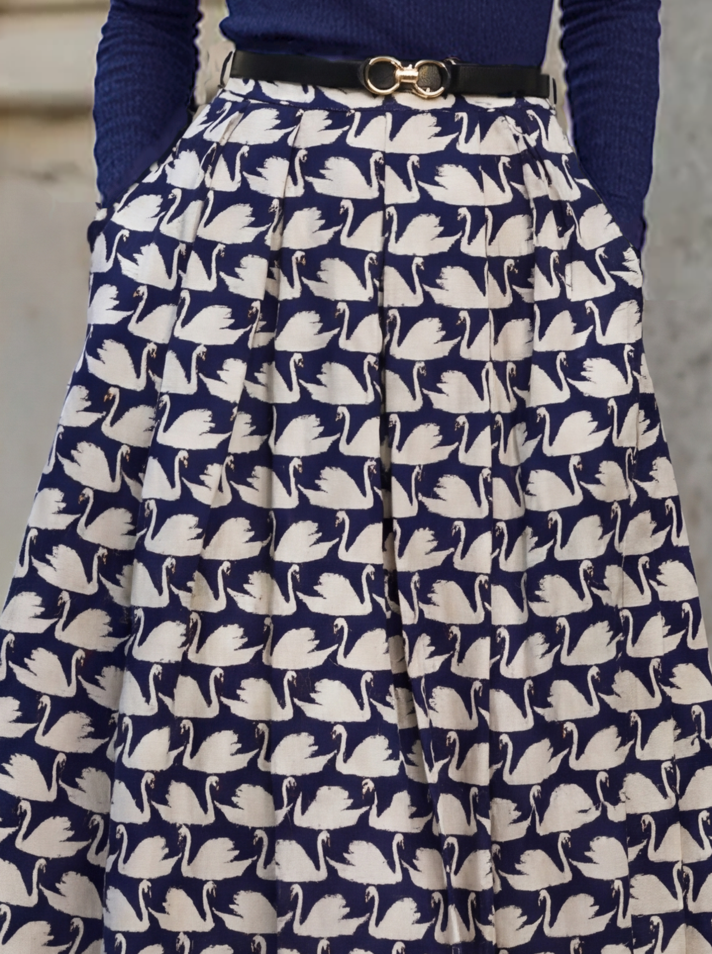 Maxi Cotton Skirt, Animal, Swan Print, Pocket Design, Vintage, Purplish Blue - Image 4