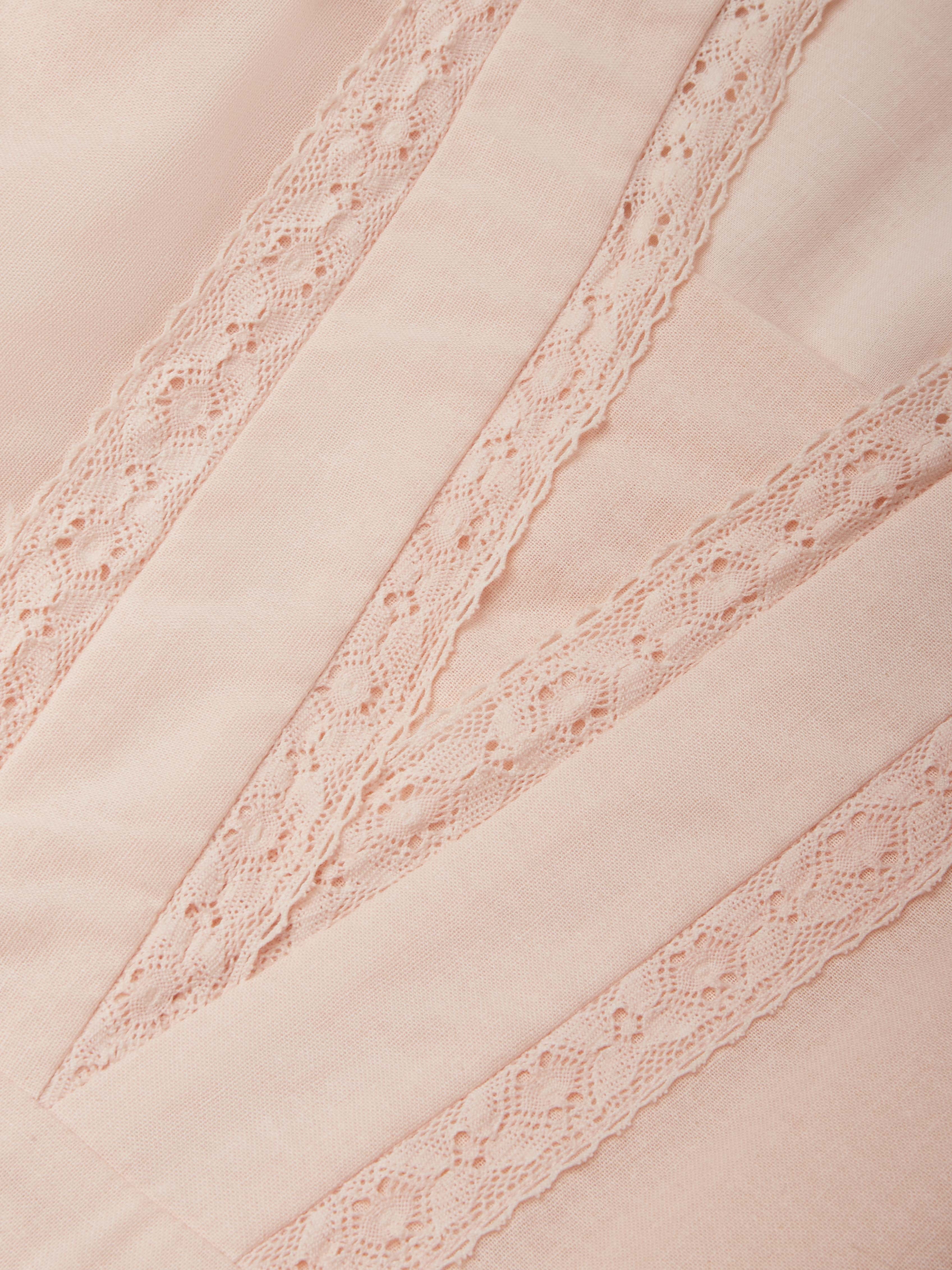 Linen Midi Dress, Short Sleeve, Lace Collar, Plain, Vintage, Light Pink - Image 4