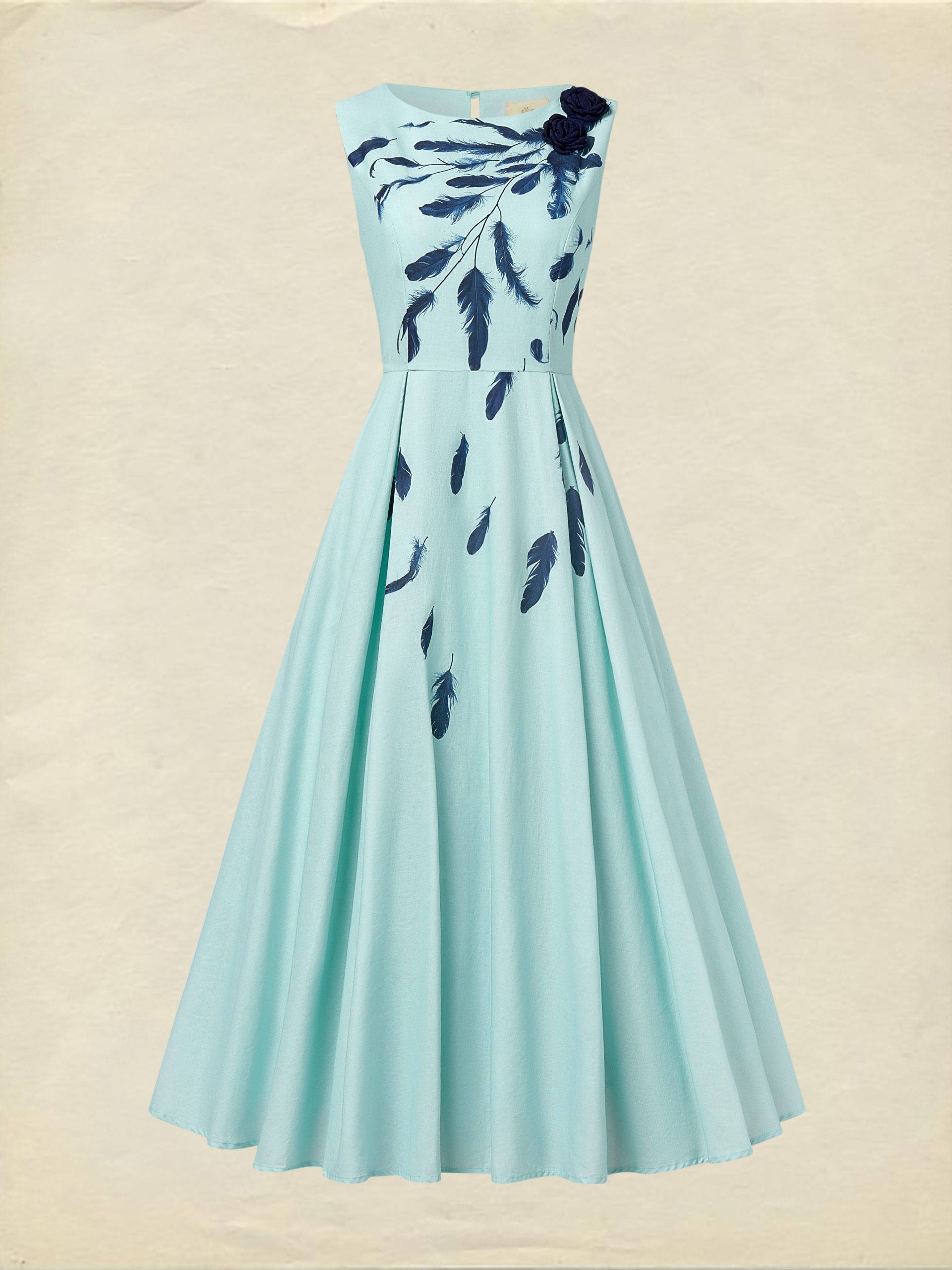 Maxi Linen Dress , Sleeveless, Round Neck, Feather Pattern, Pocket Design, Vintage, Sky Blue - Image 2