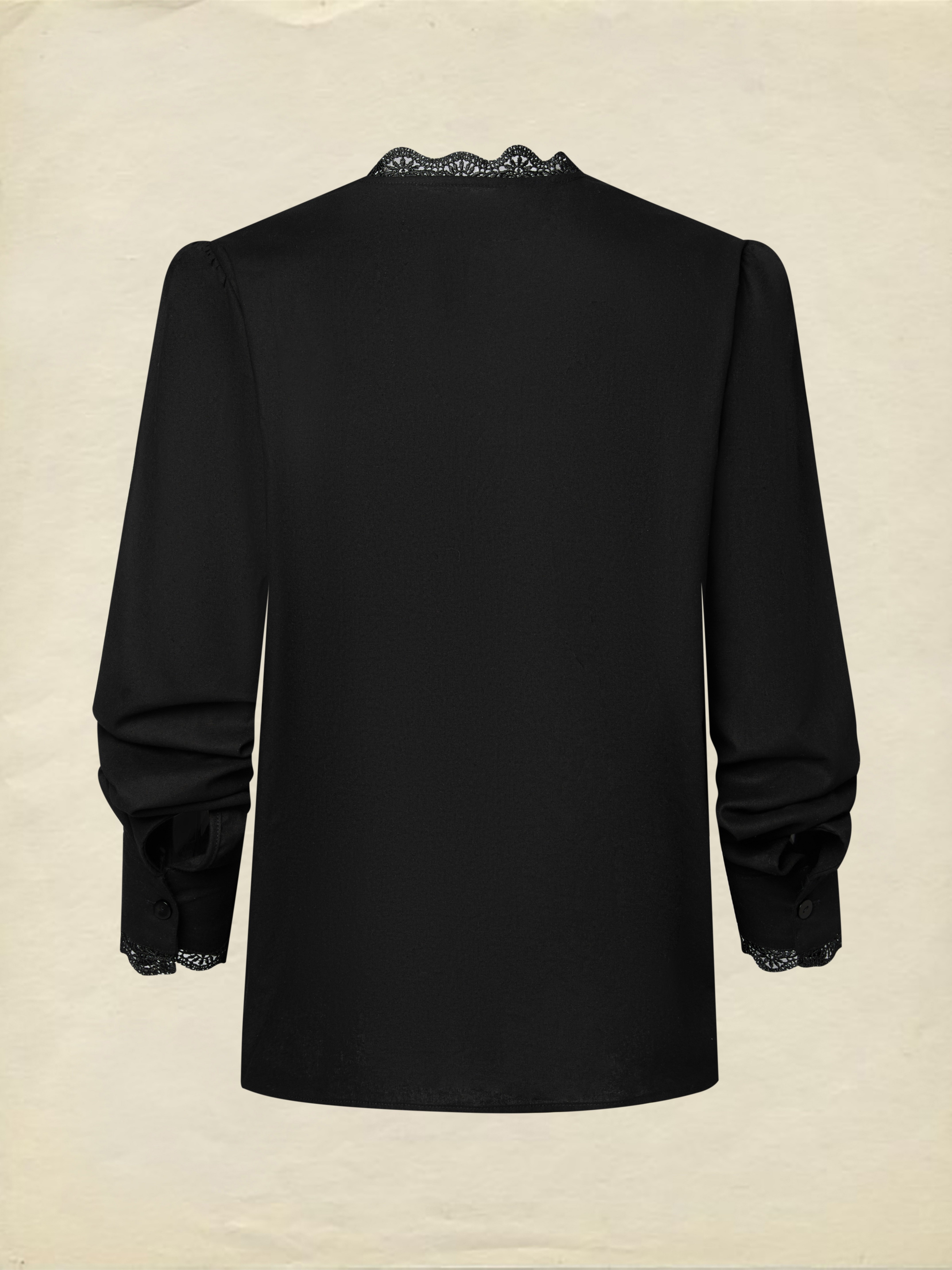 Linen Shirt, Half Sleeve, V Neck, Plain, Lace, French Vintage, Black - Image 3