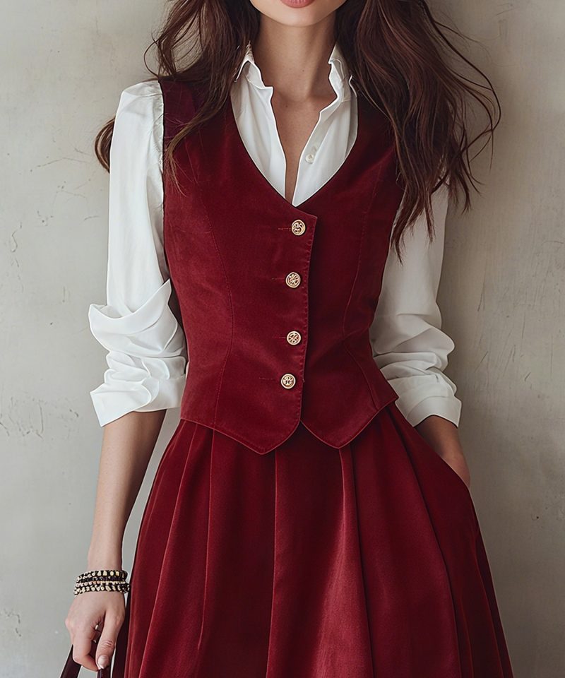 Cotton Vest (Shirt and Skirt Not Included), Sleeveless, V Neck, Plain, Button Design, Vintage, Wine Red