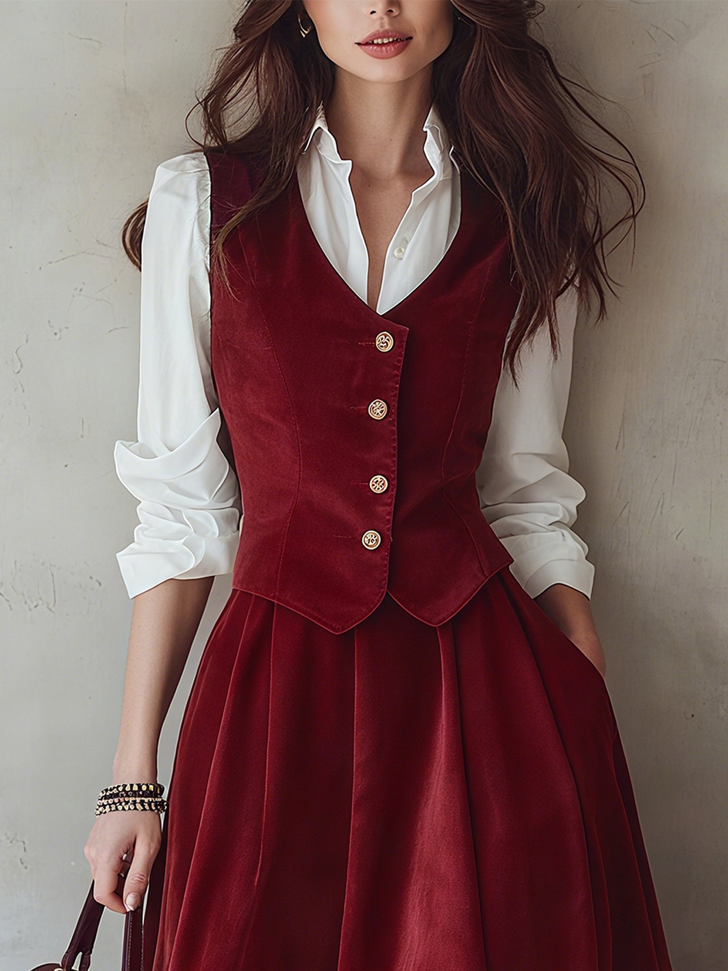 Cotton Vest (Shirt and Skirt Not Included), Sleeveless, V Neck, Plain, Button Design, Vintage, Green - Image 9