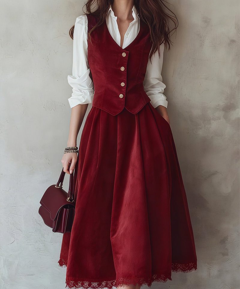 Midi Cotton Skirt (Shirt and Vest Not Included), Plain, Pocket Design, Vintage, Wine Red