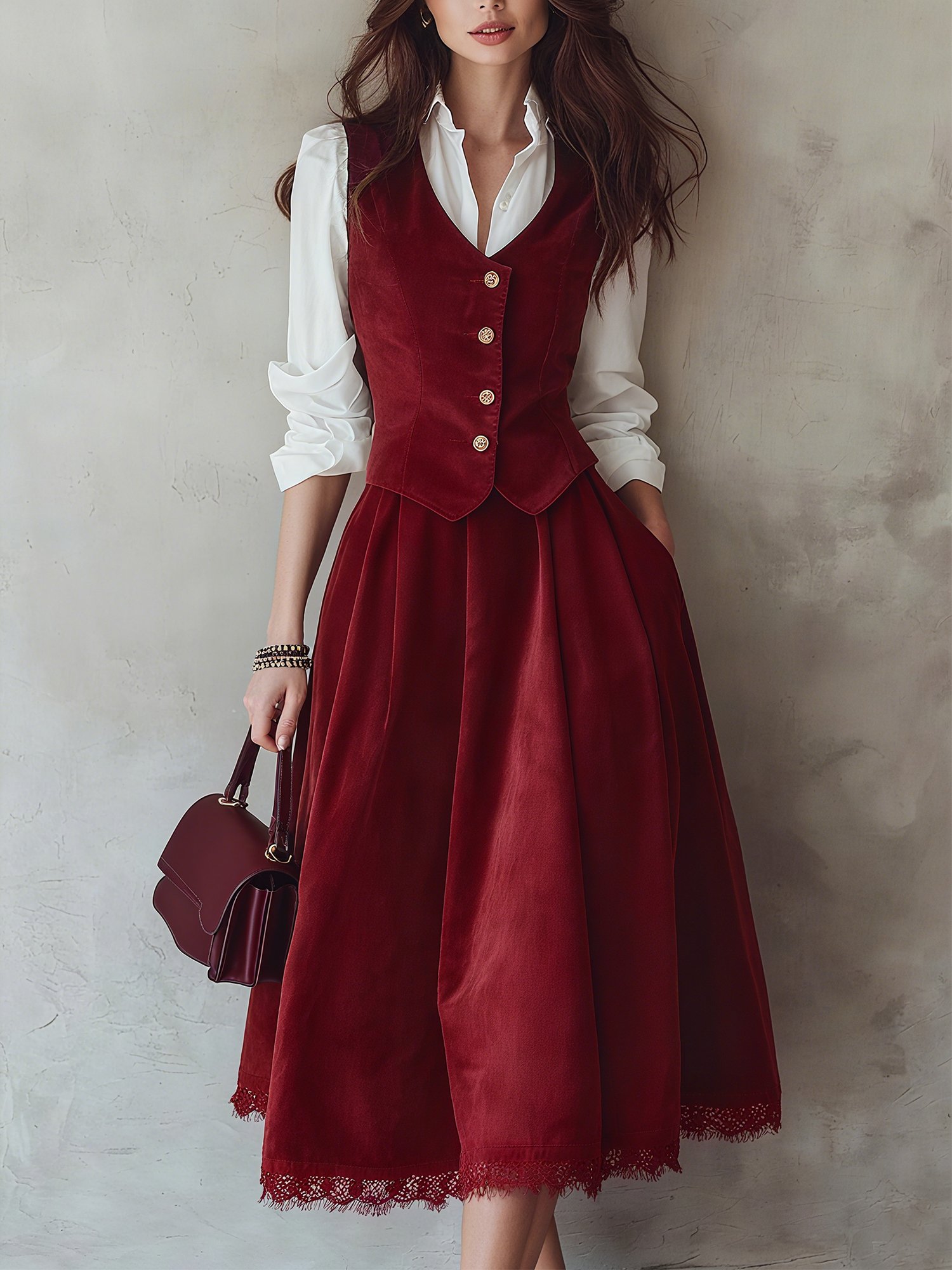 Cotton Vest (Shirt and Skirt Not Included), Sleeveless, V Neck, Plain, Button Design, Vintage, Green - Image 10