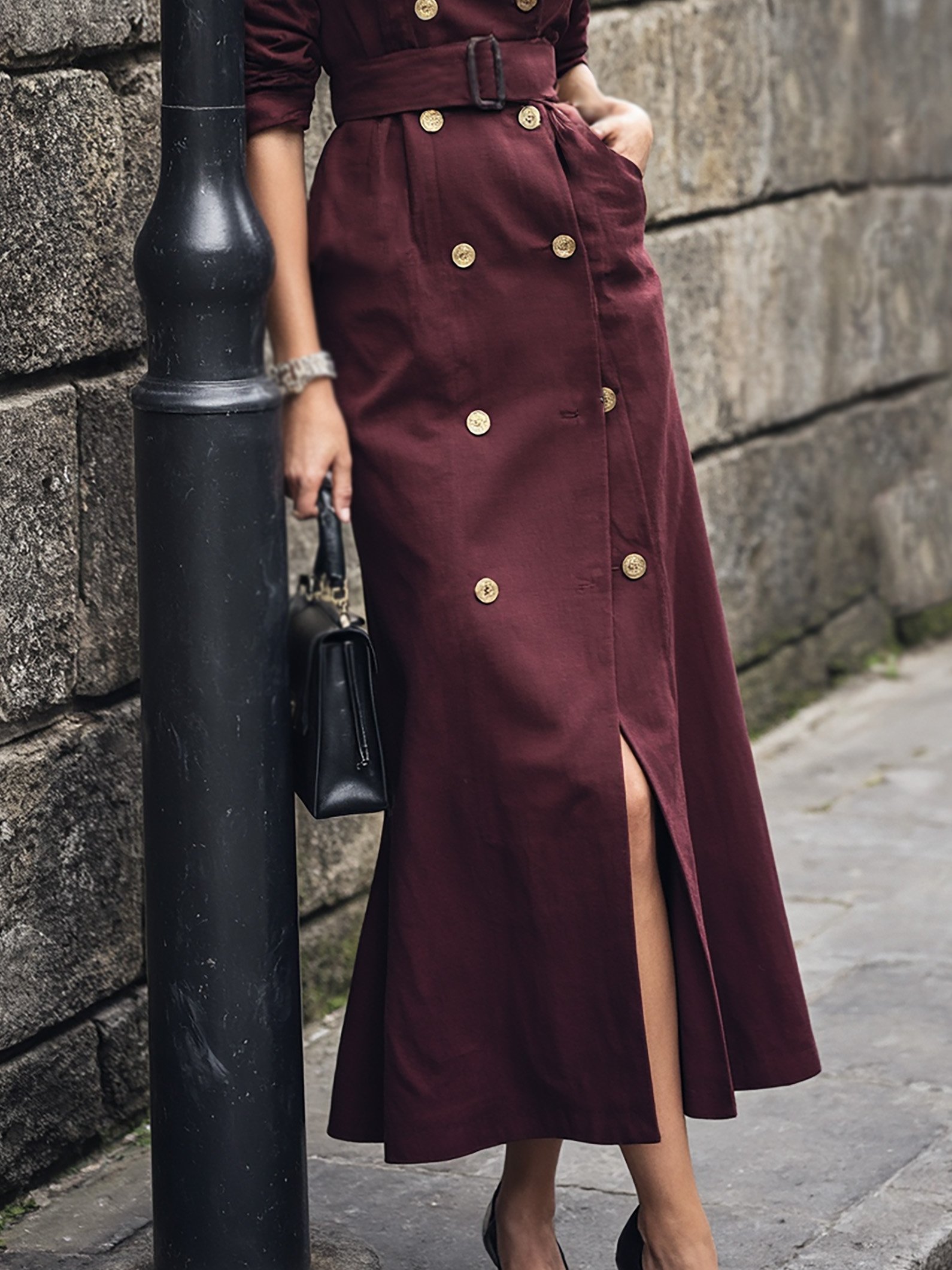 Maxi Cotton Trench Coat, Long Sleeves, Lapel Collar, Plain, Button Design, Vintage, Wine Red - Image 3
