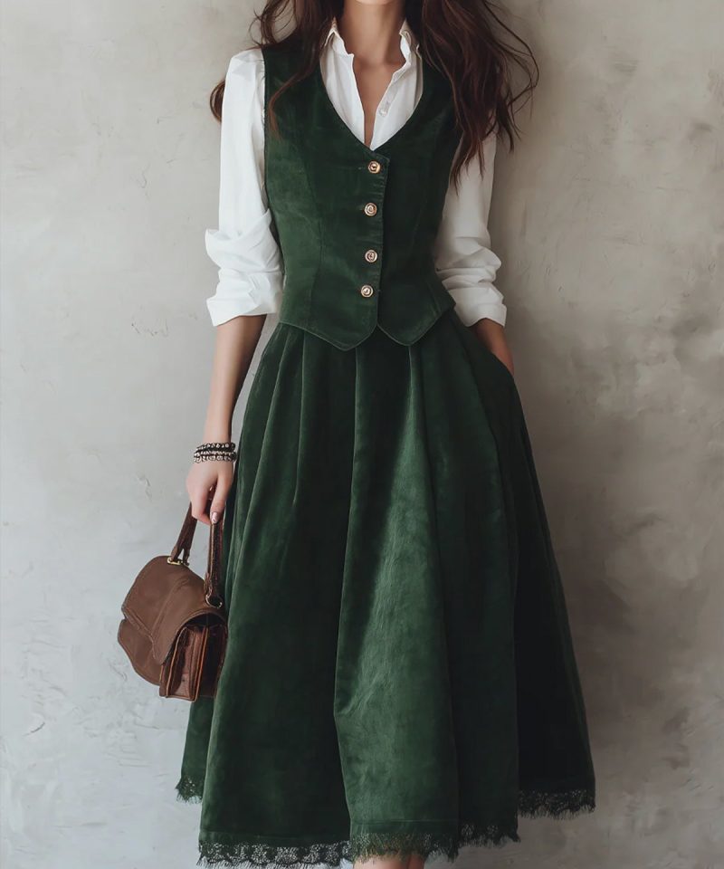 Midi Cotton Skirt (Shirt and Vest Not Included), Plain, Pocket Design, Vintage, Green