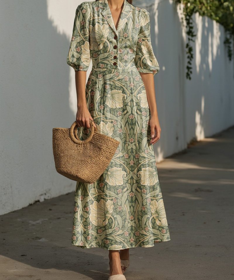 Maxi Linen Dress, Half Sleeve, Lapel Collar, Paisley, Button Design, Vacation, Vintage, Green