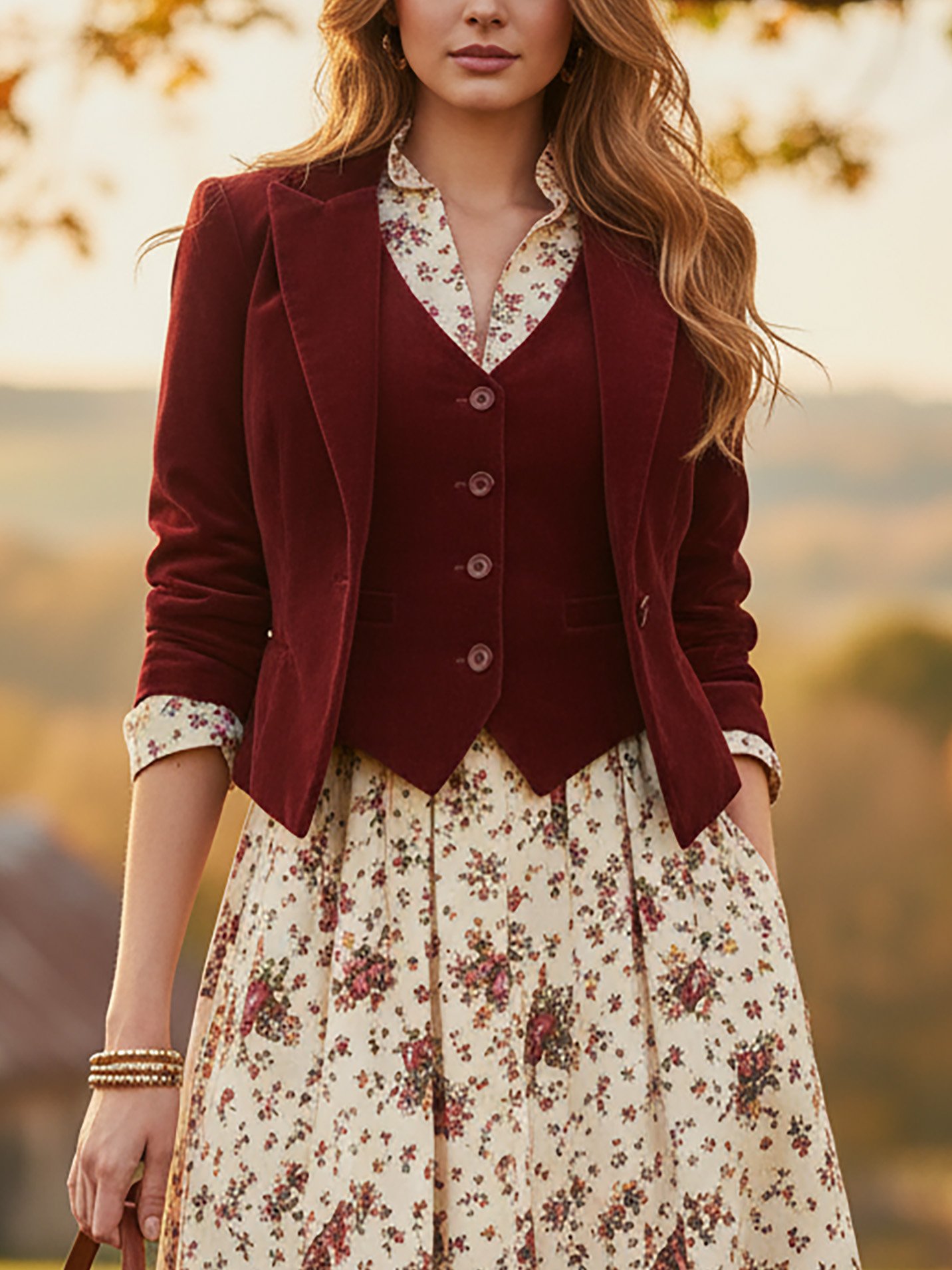 Cotton Blazer (Dress and Vest Not Included), Long Sleeves, Lapel Collar, Button Design, Vintage, Red - Image 2
