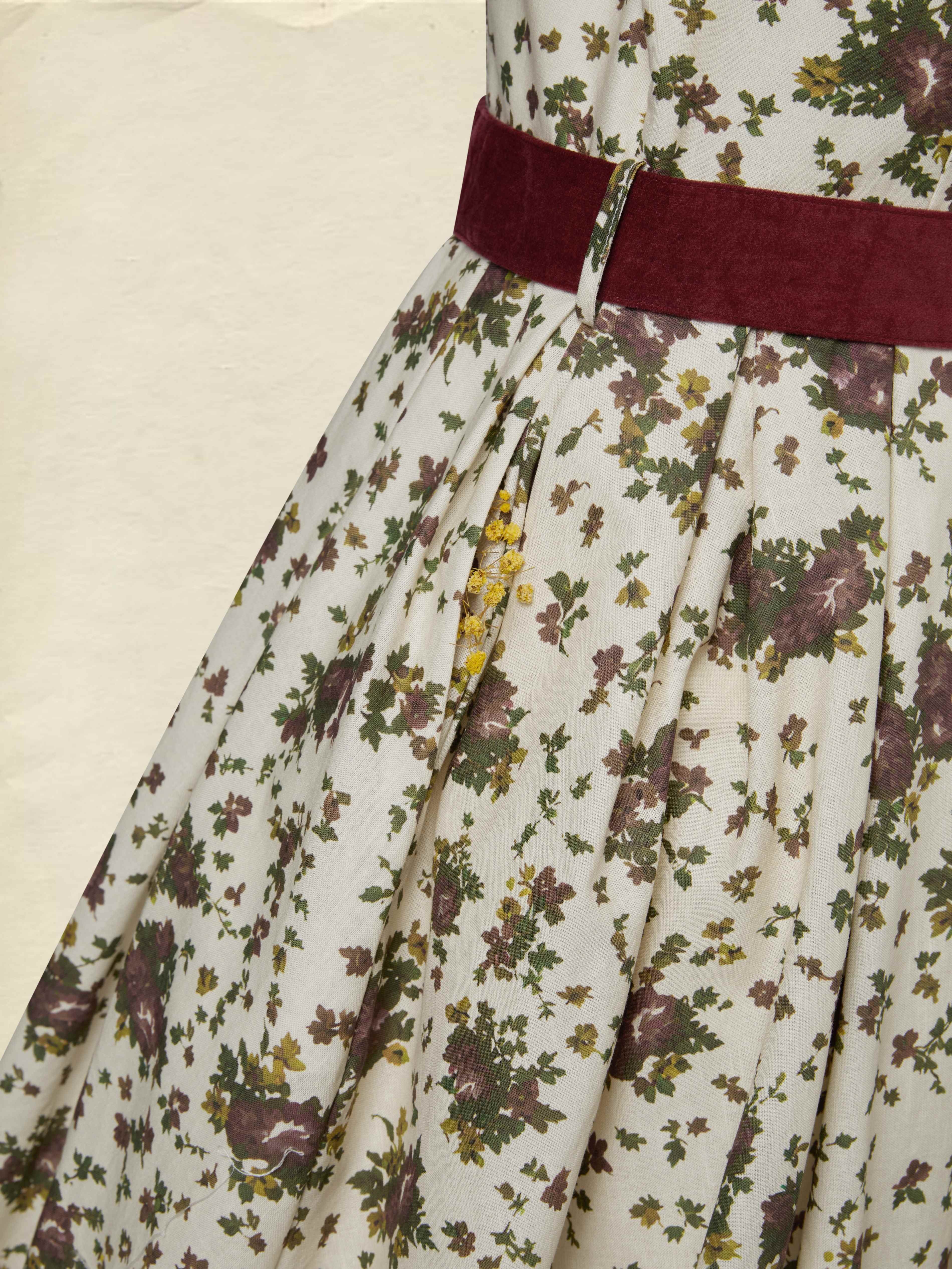 Midi Linen Dress, Long Sleeves, Shawl Collar, Floral, Belt Design, Vintage, Apricot - Image 5