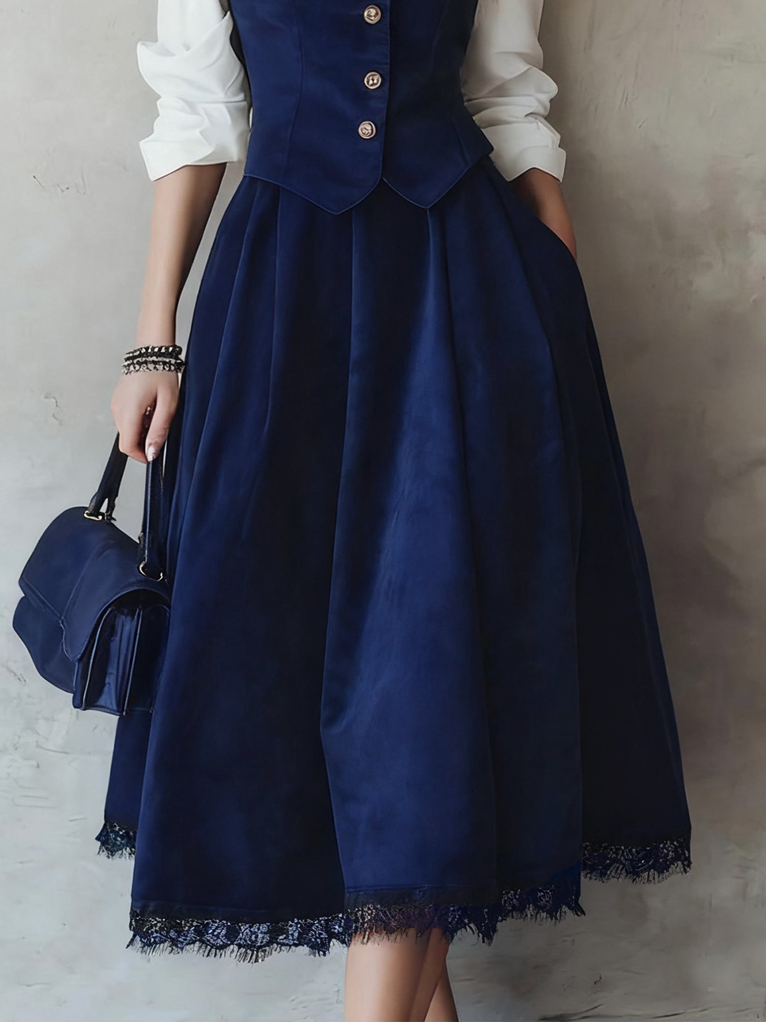 Midi Cotton Skirt (Shirt and Vest Not Included), Plain, Pocket Design, Vintage, Green - Image 10