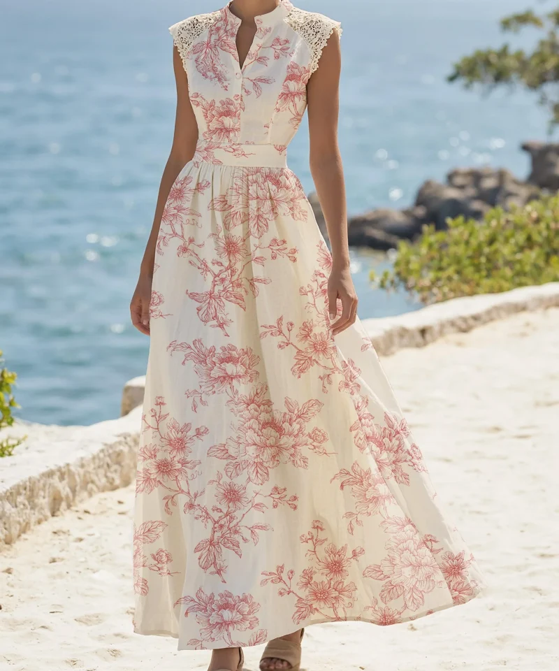 (SIZE:XS-XXL) Maxi Linen Dress , Cap Sleeves, Stand Collar, Floral, Lace, Vintage, Apricot