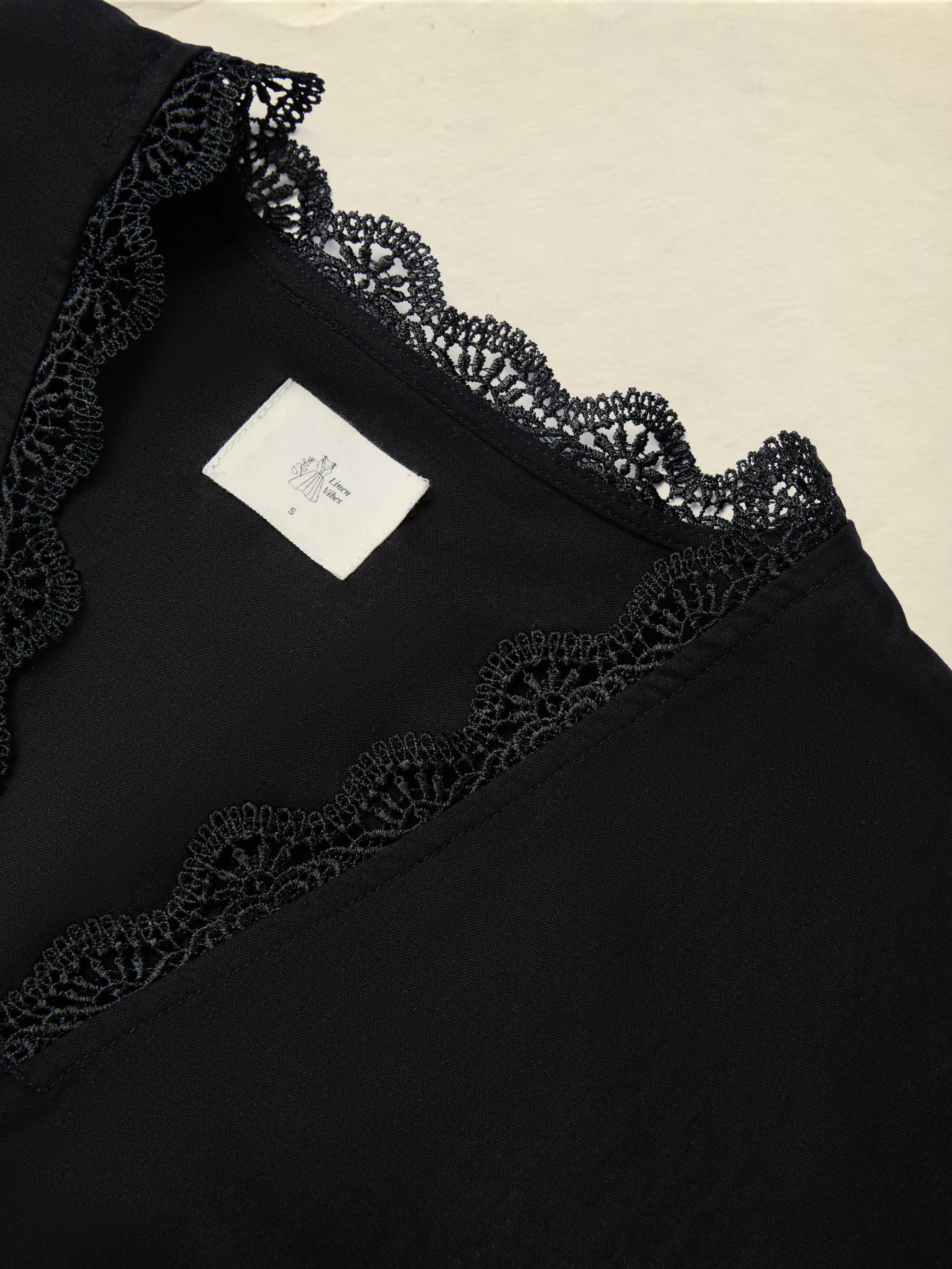 Linen Shirt, Half Sleeve, V Neck, Plain, Lace, French Vintage, Black - Image 4