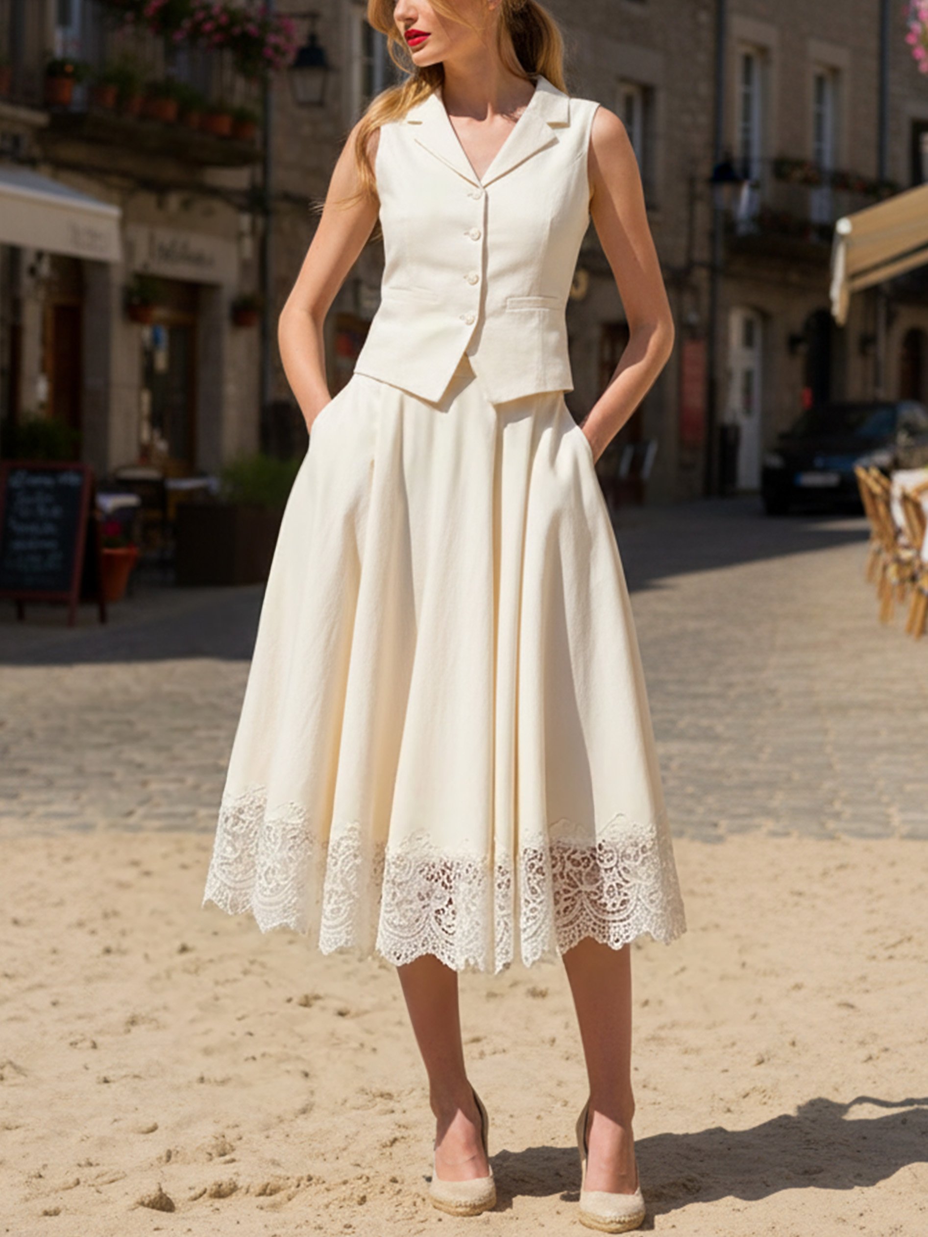 Linen Vest, Sleeveless, Shawl Collar, Plain, Button Design, Vacation, Vintage, White - Image 2