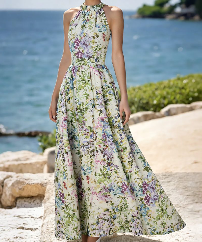 Maxi Cotton Dress, Sleeveless, Halter, Floral, Vacation, Vintage, White