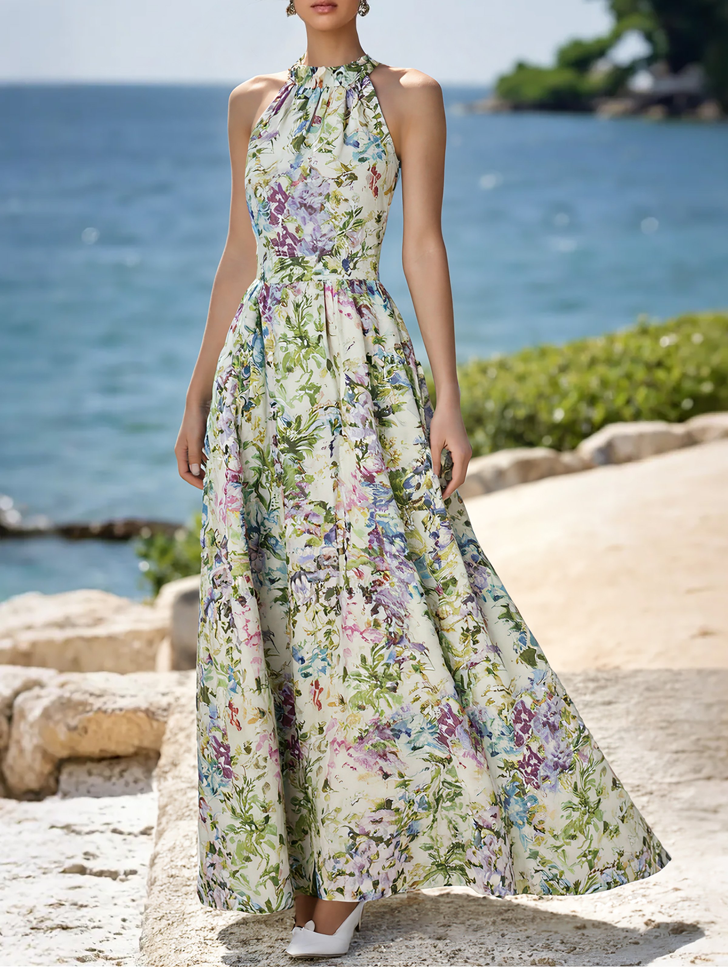 Maxi Cotton Dress, Sleeveless, Halter, Floral, Vacation, Vintage, White