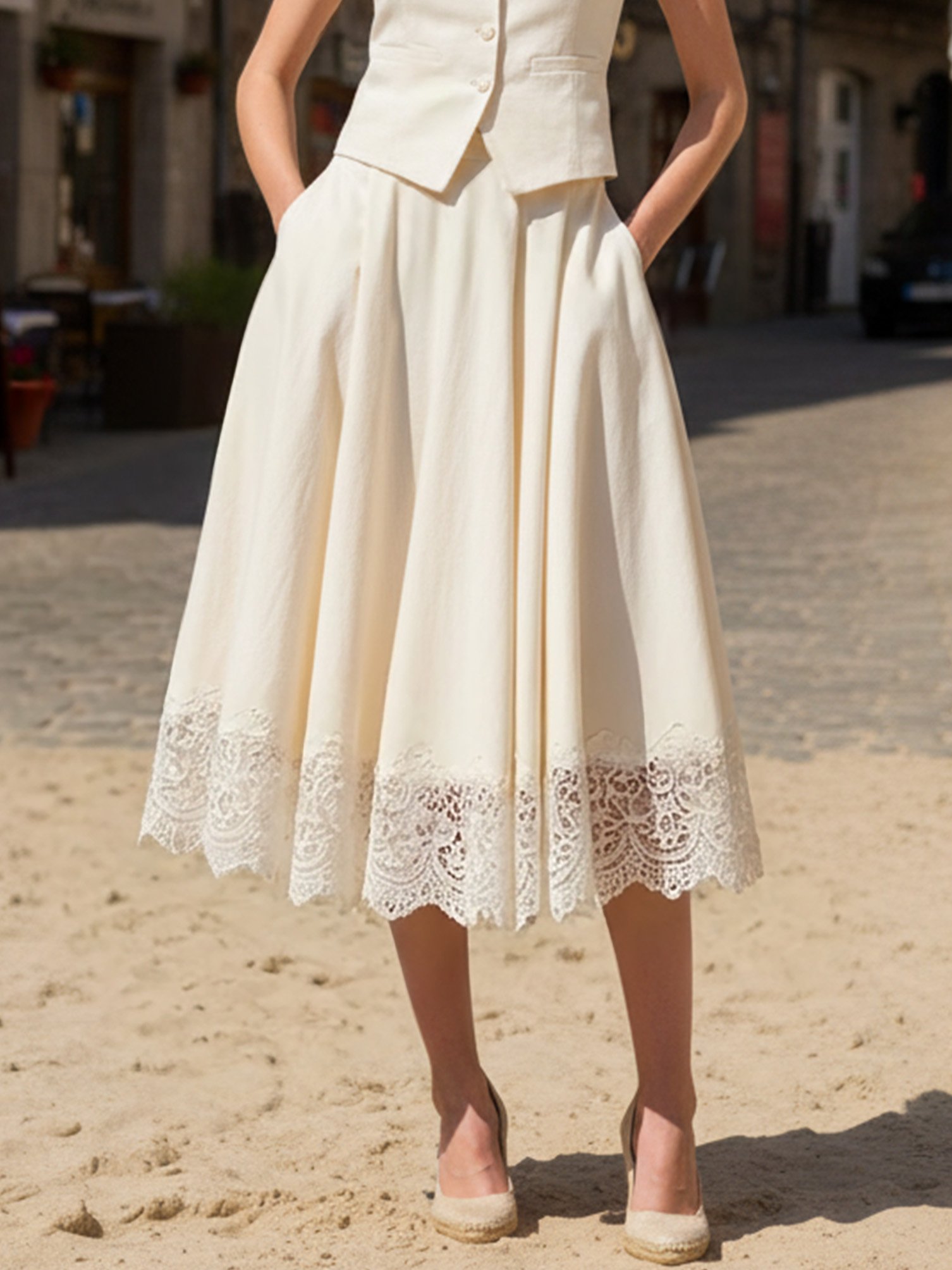 Linen Vest, Sleeveless, Shawl Collar, Plain, Button Design, Vacation, Vintage, White - Image 3