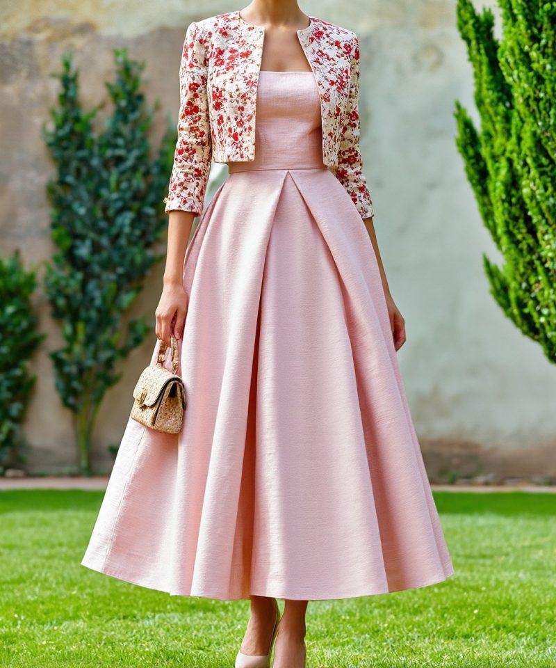 Maxi Cotton Dress Set, Half Sleeve, Round Neck, Floral, Pocket Design, French Vintage, Light Pink