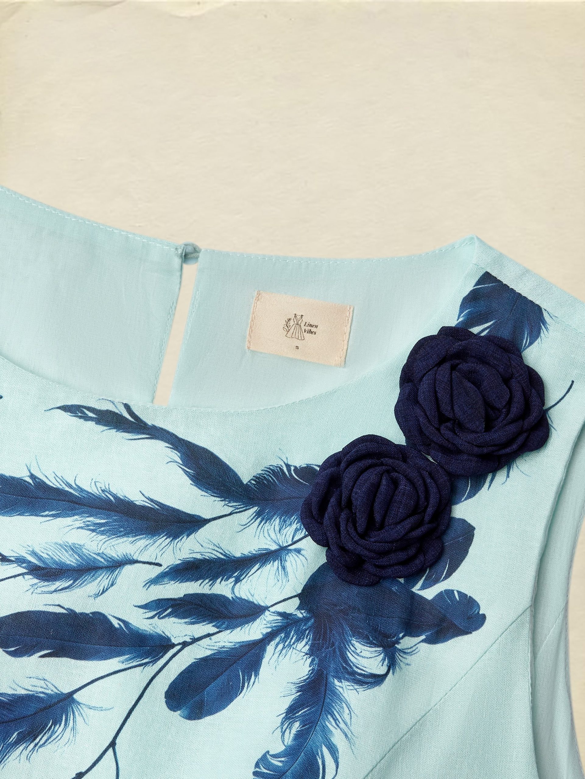 Maxi Linen Dress , Sleeveless, Round Neck, Feather Pattern, Pocket Design, Vintage, Sky Blue - Image 5