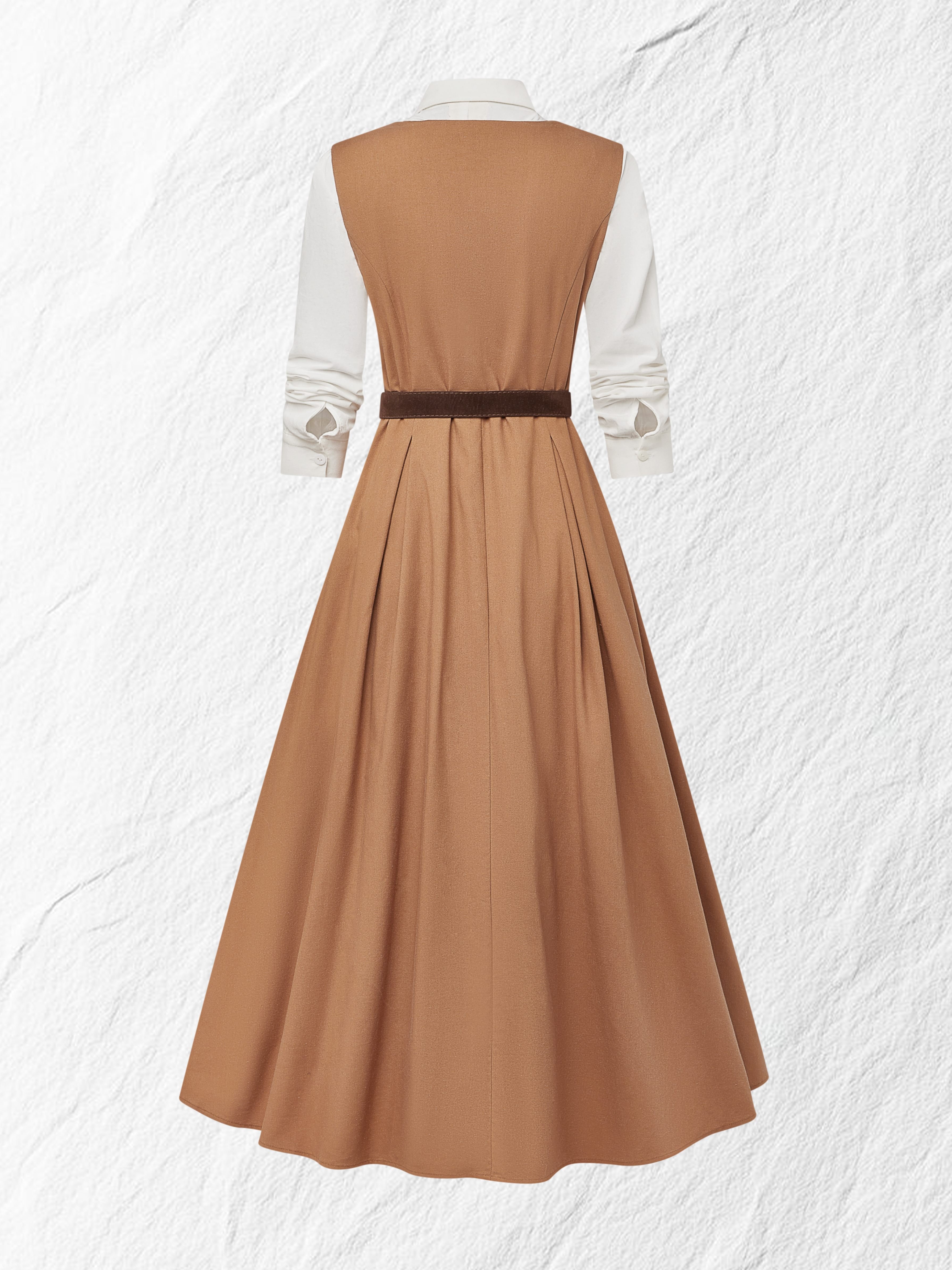 Maxi Linen Dress Set & Shirt, Long Sleeves, Shawl Collar, Plain, Button Design, French Vintage, Light Brown - Image 3