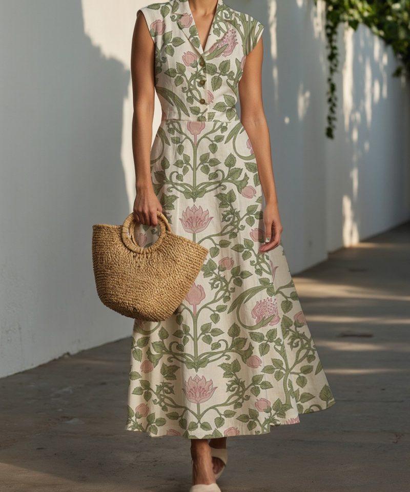 (SIZE:XS-XXL) Midi Linen Dress , Cap Sleeves, Shawl Collar, Floral, Button Design, Vintage, Green