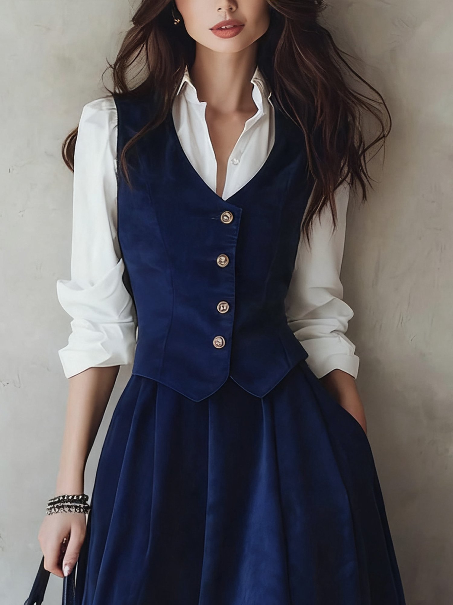 Cotton Vest (Shirt and Skirt Not Included), Sleeveless, V Neck, Plain, Button Design, Vintage, Green - Image 11