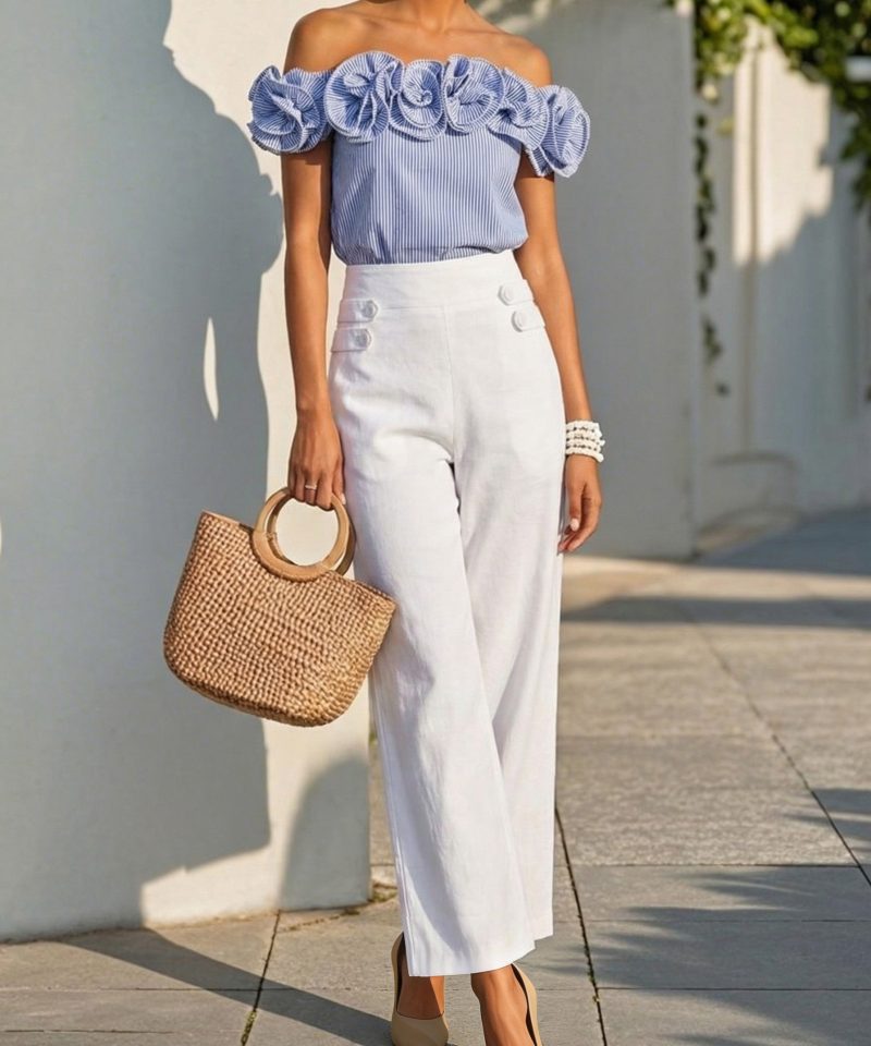 Cotton Pants, Plain, French Vintage, White