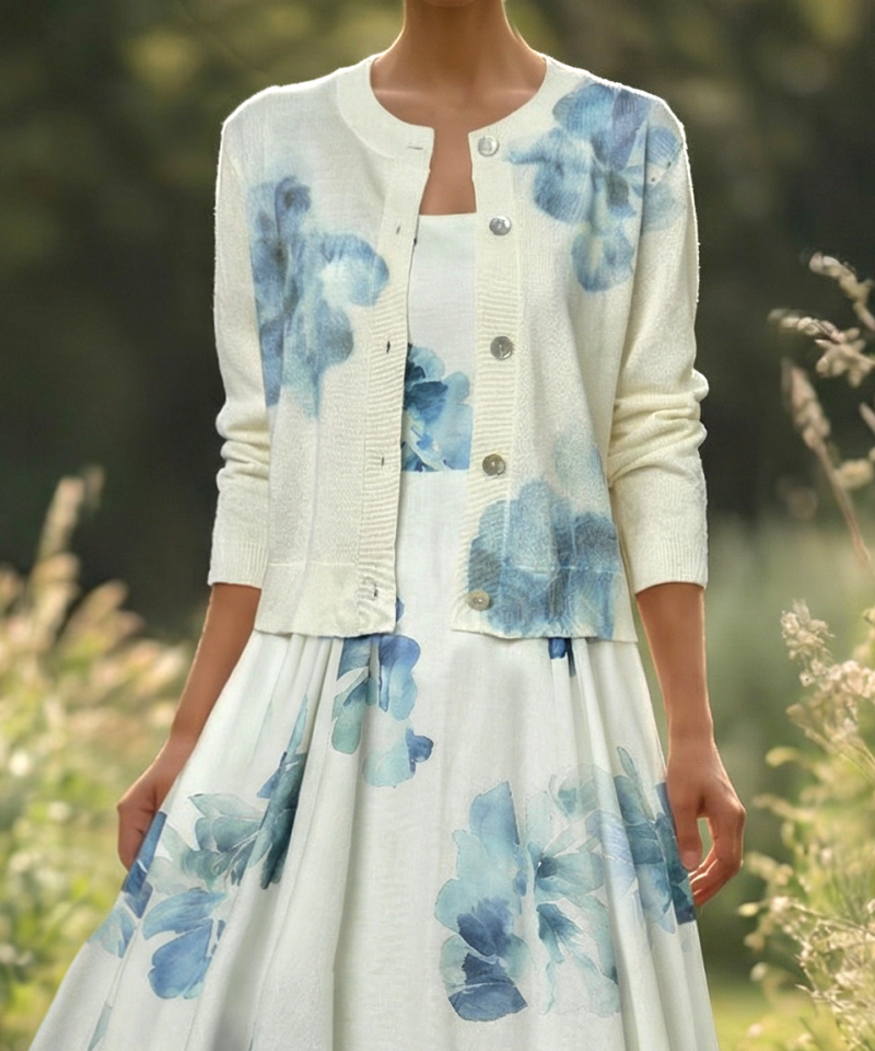 Wool Cardigan, Long Sleeves, Round Neck, Floral, Button Design, Vacation, Vintage, White