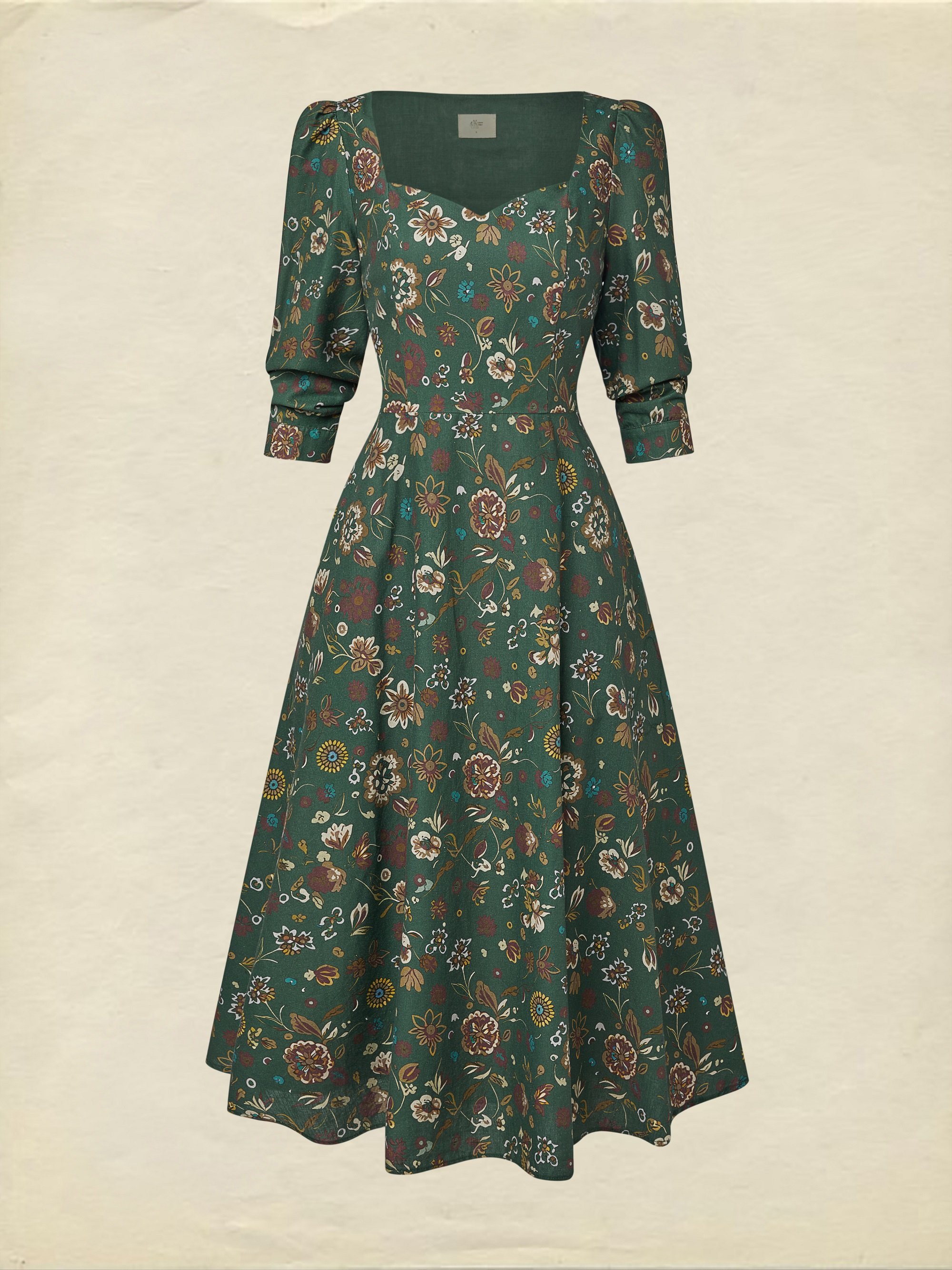 Midi Linen Dress, Long Sleeves, Square Neck, Paisley, Vintage, Green - Image 2