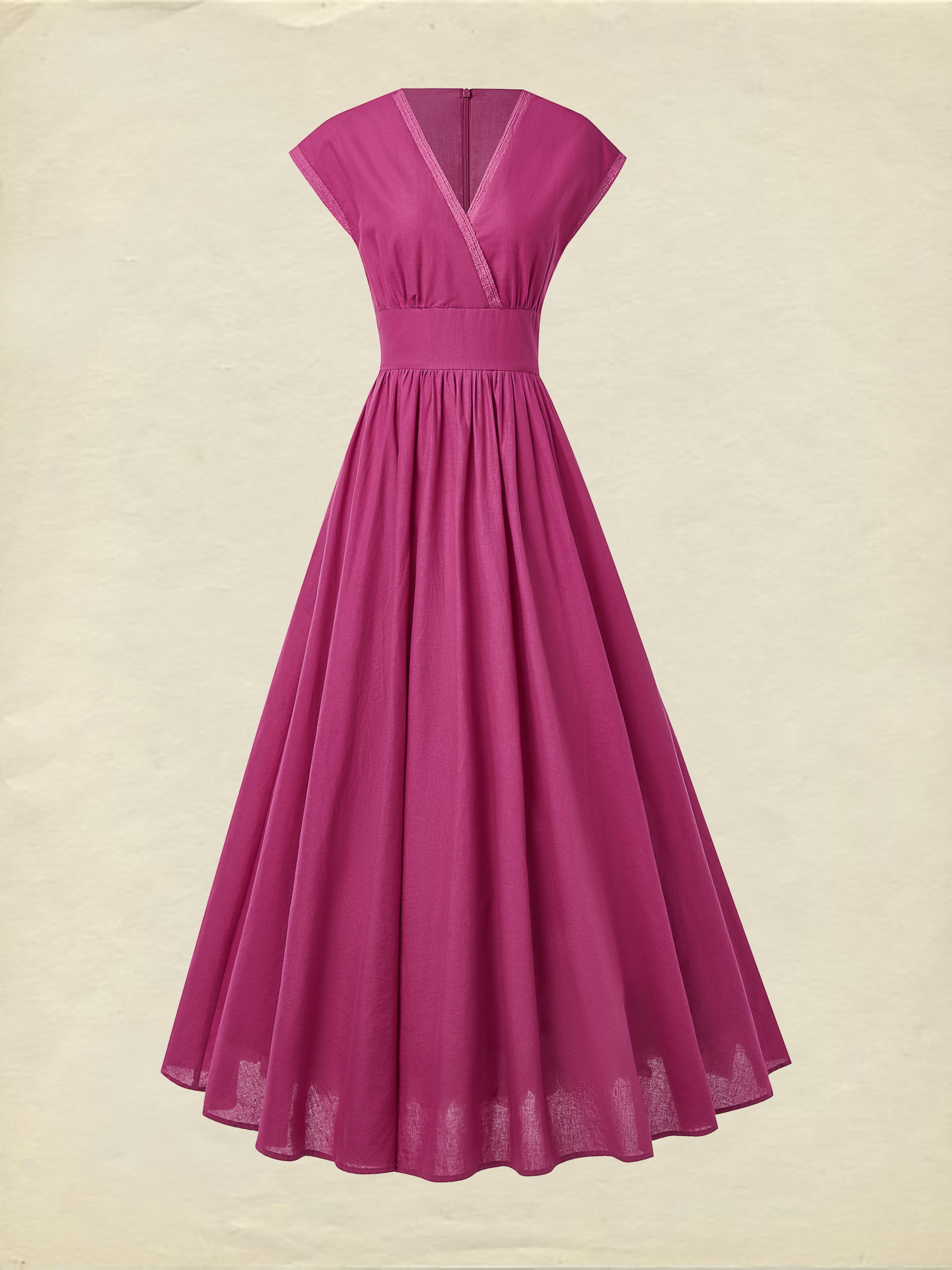 Maxi Linen Dress , Cap Sleeves, V Neck, Plain, Lace, Vintage, Rose Red - Image 2