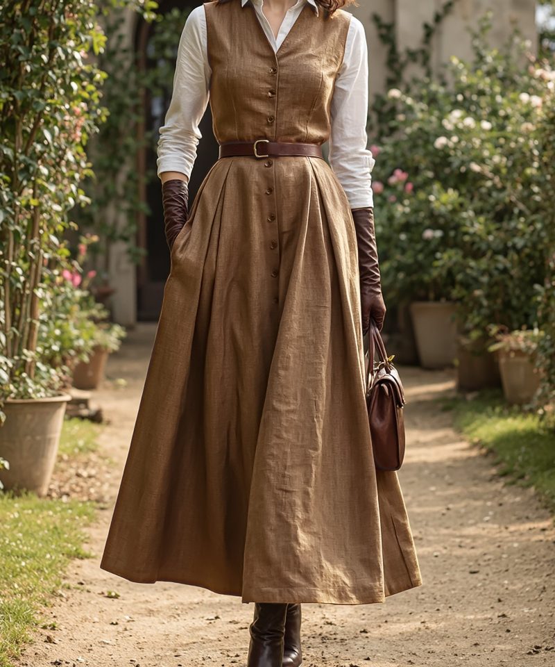 Maxi Linen Dress Set & Shirt, Long Sleeves, Shawl Collar, Plain, Button Design, French Vintage, Light Brown