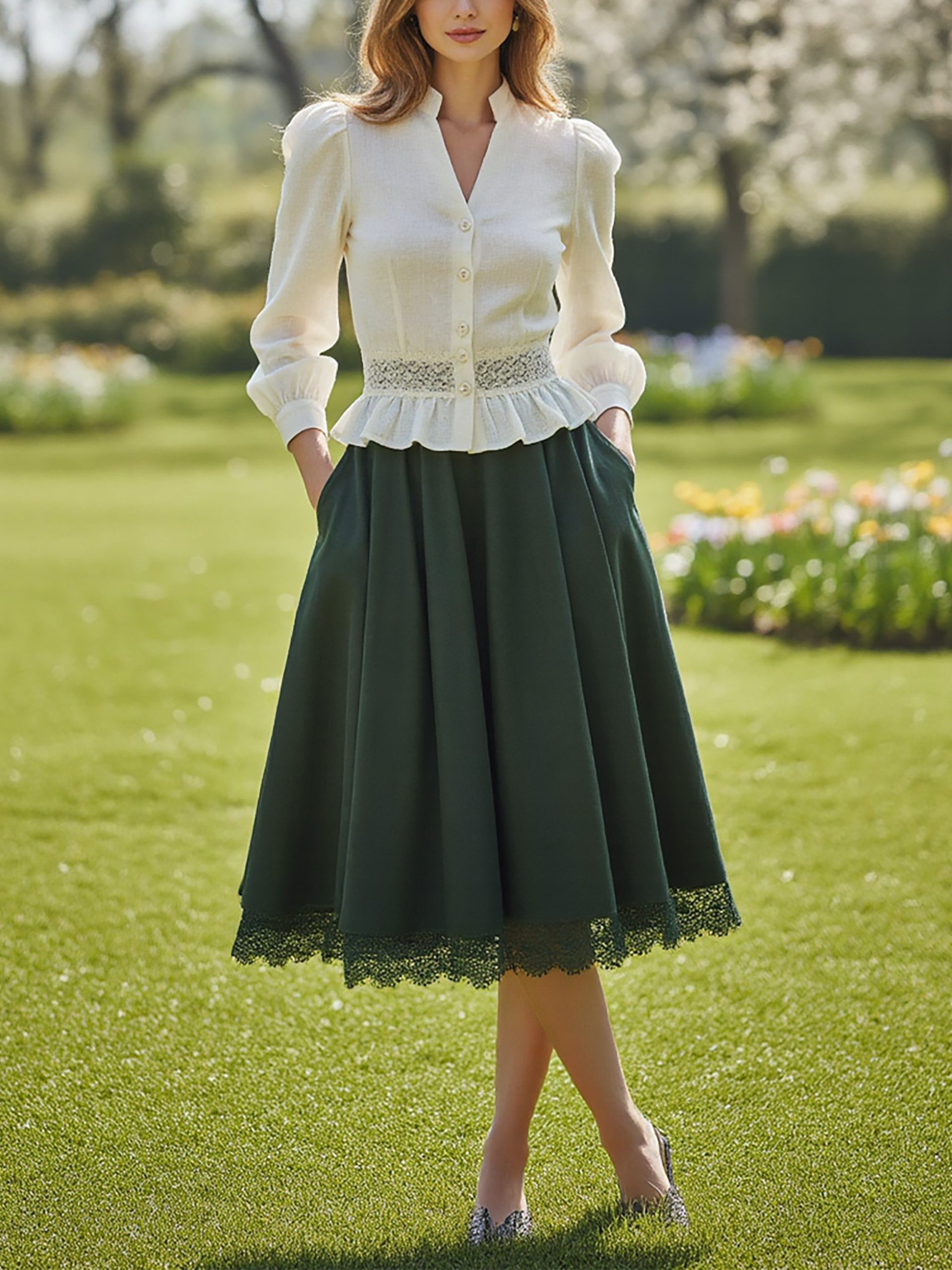 Linen Shirt, Long Sleeves, V Neck, Plain, Lace, Vintage, Ivory - Image 4