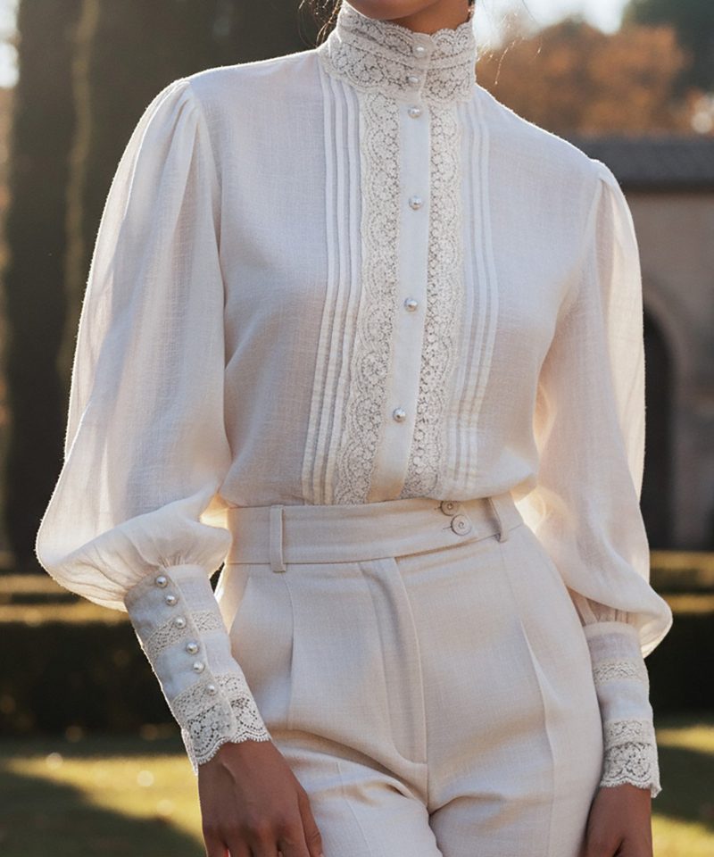Linen Shirt, Long Sleeves, Stand Collar, Plain, Lace, Vintage, Ivory