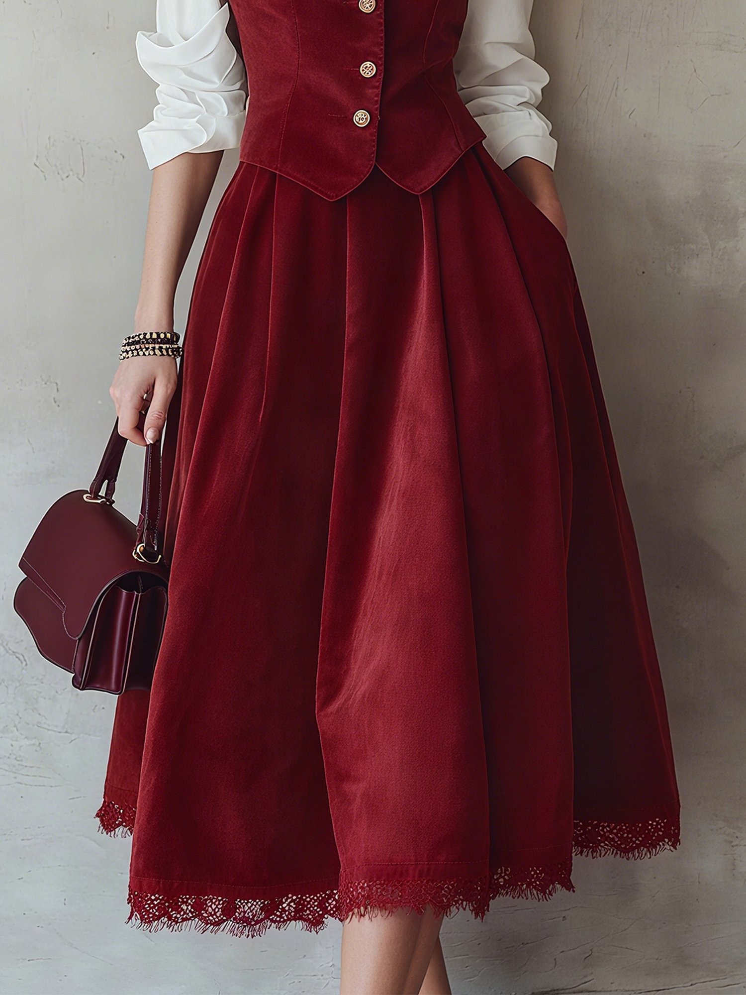 Midi Cotton Skirt (Shirt and Vest Not Included), Plain, Pocket Design, Vintage, Green - Image 7