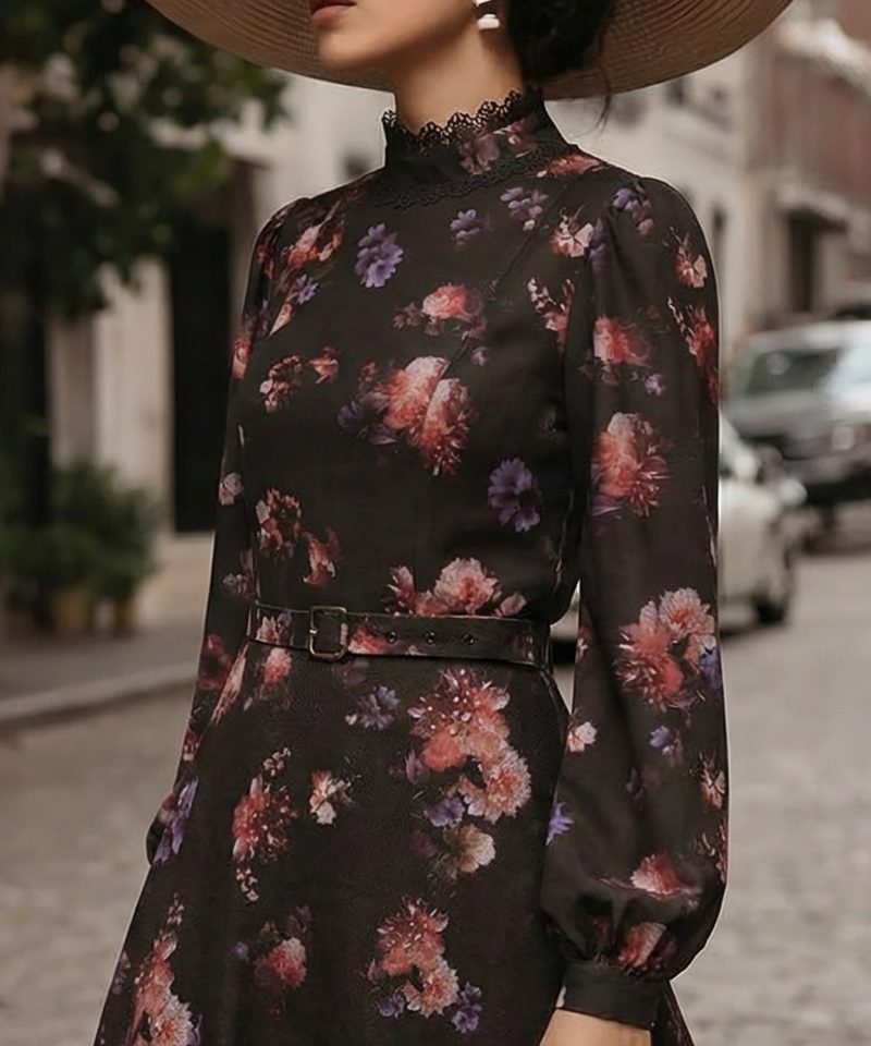 Cotton Blouse, Long Sleeves, Stand Collar, Floral, Lace, Vintage, Black