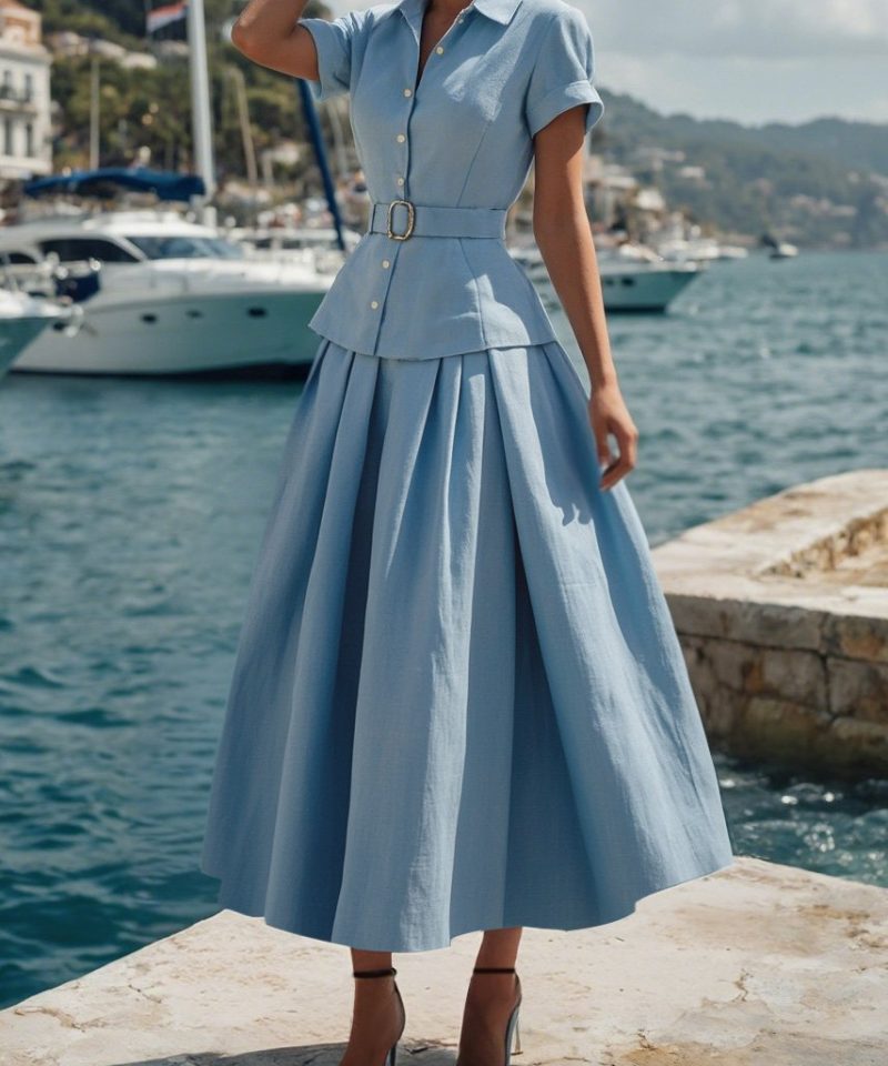 Cotton Set , Short Sleeves, Shawl Collar, Plain, Button Design, Vintage, Blue