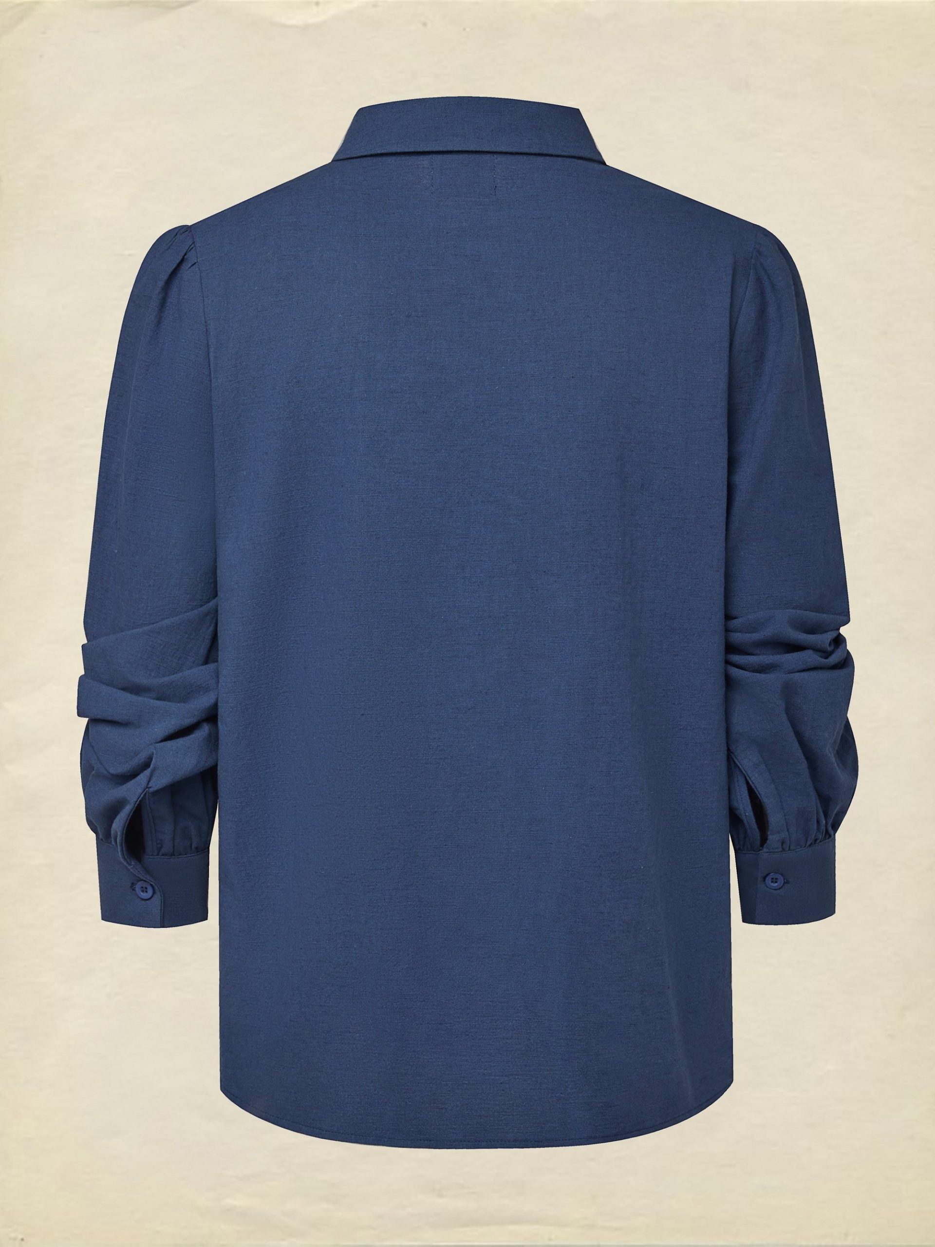 Linen Shirt, Long Sleeves, Shawl Collar, Plain, Lace, Vintage, Blue - Image 3