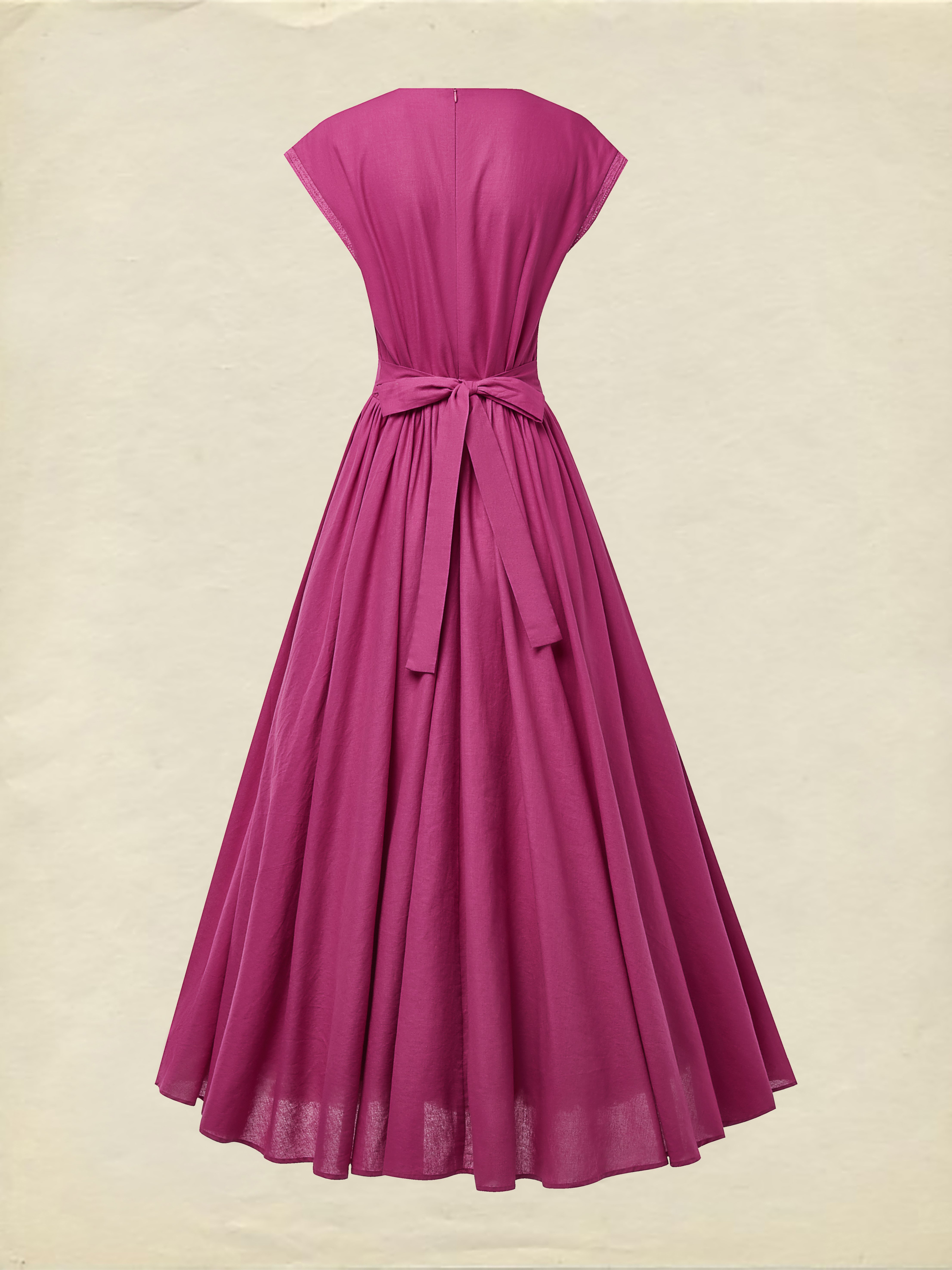 Maxi Linen Dress , Cap Sleeves, V Neck, Plain, Lace, Vintage, Rose Red - Image 3