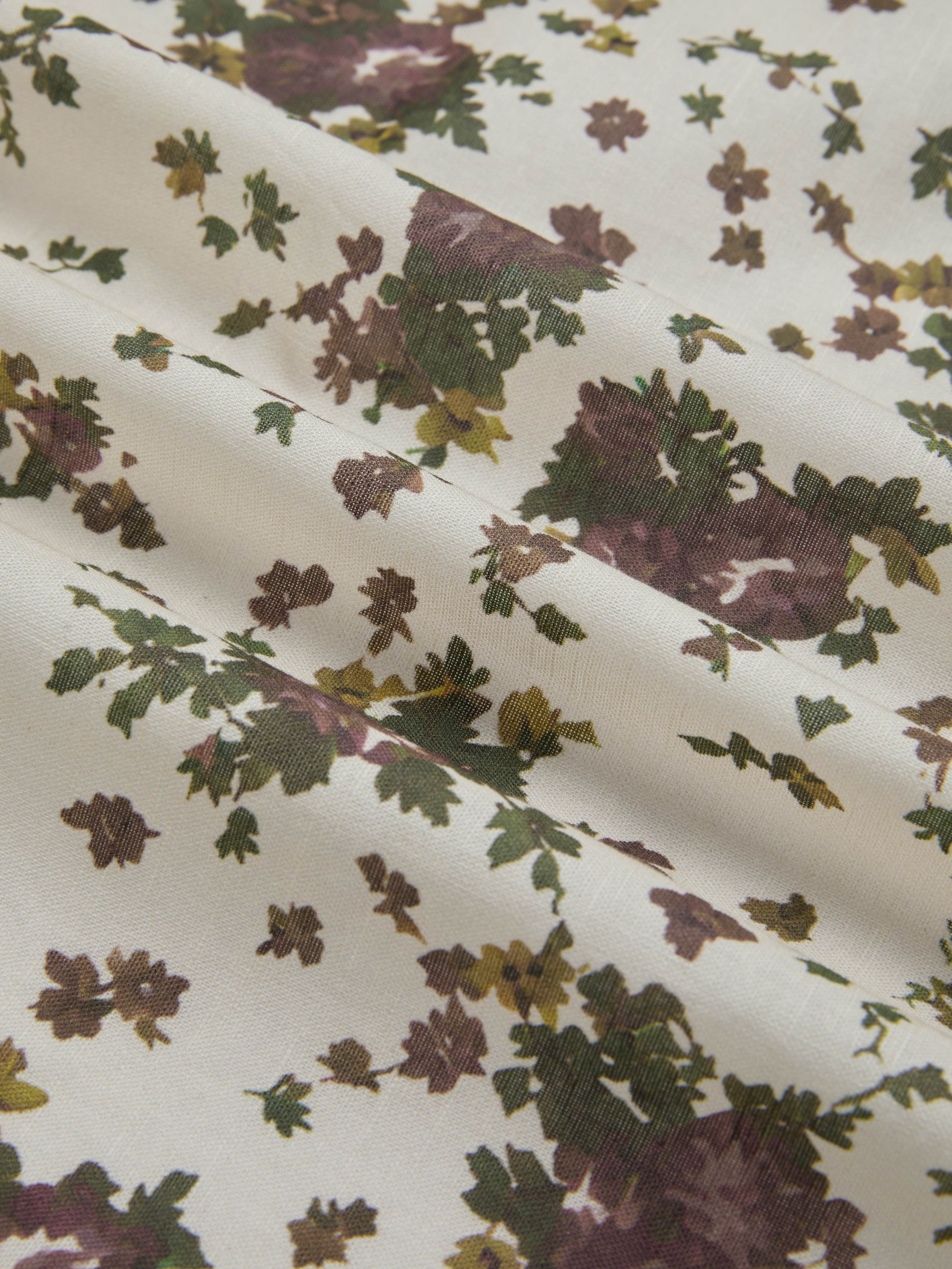 Midi Linen Dress, Long Sleeves, Shawl Collar, Floral, Belt Design, Vintage, Apricot - Image 8