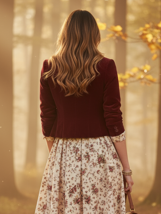 Cotton Blazer (Dress and Vest Not Included), Long Sleeves, Lapel Collar, Button Design, Vintage, Red - Image 3