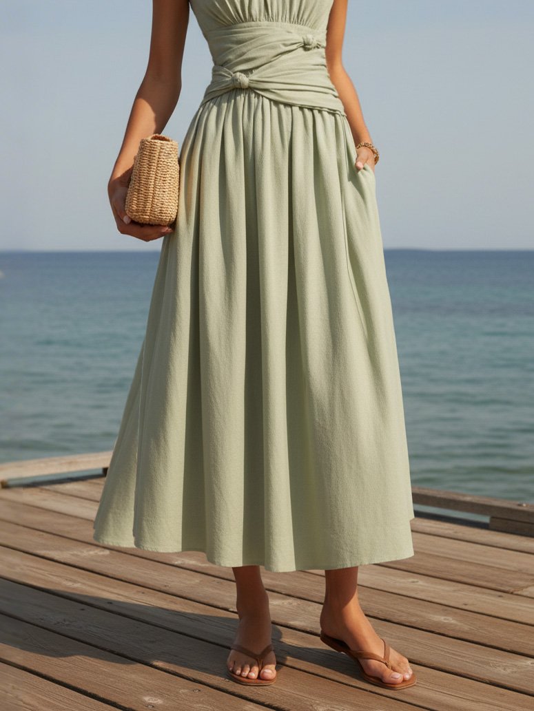 Maxi Linen Dress, Sleeveless, Round Neck, Plain, French Vintage, Green - Image 3