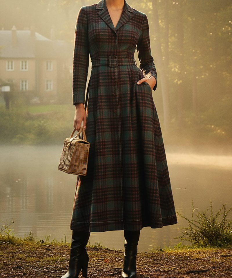 Wool Coat, Long Sleeves, Lapel Collar, Plaid, Belt Design, Vintage, Crimson