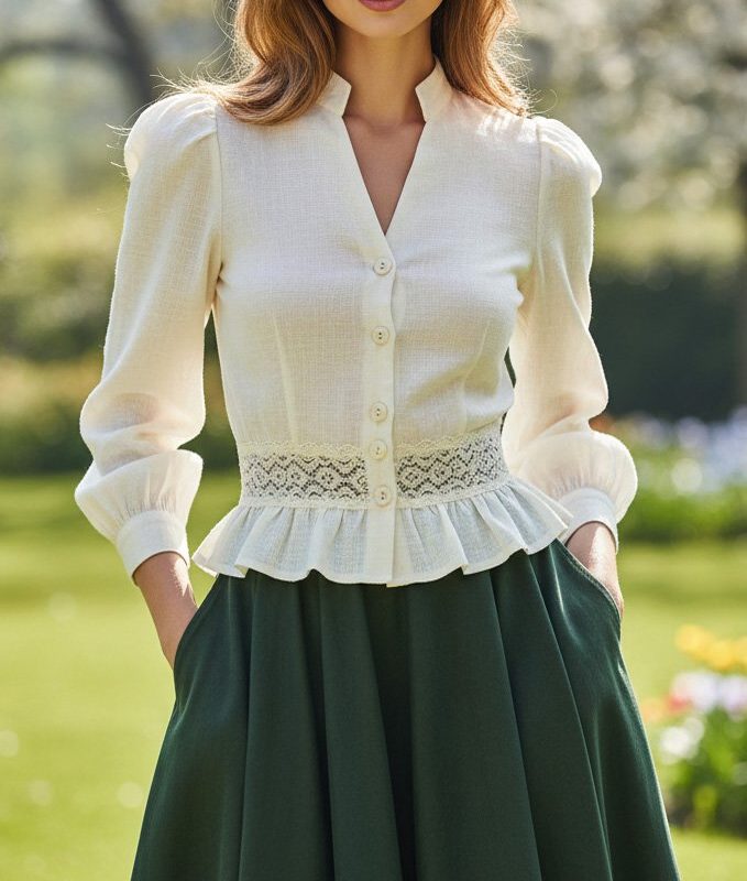 Linen Shirt, Long Sleeves, V Neck, Plain, Lace, Vintage, Ivory