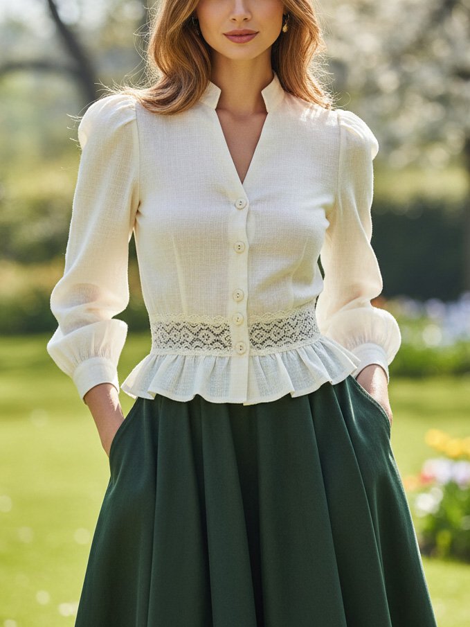 Linen Shirt, Long Sleeves, V Neck, Plain, Lace, Vintage, Ivory