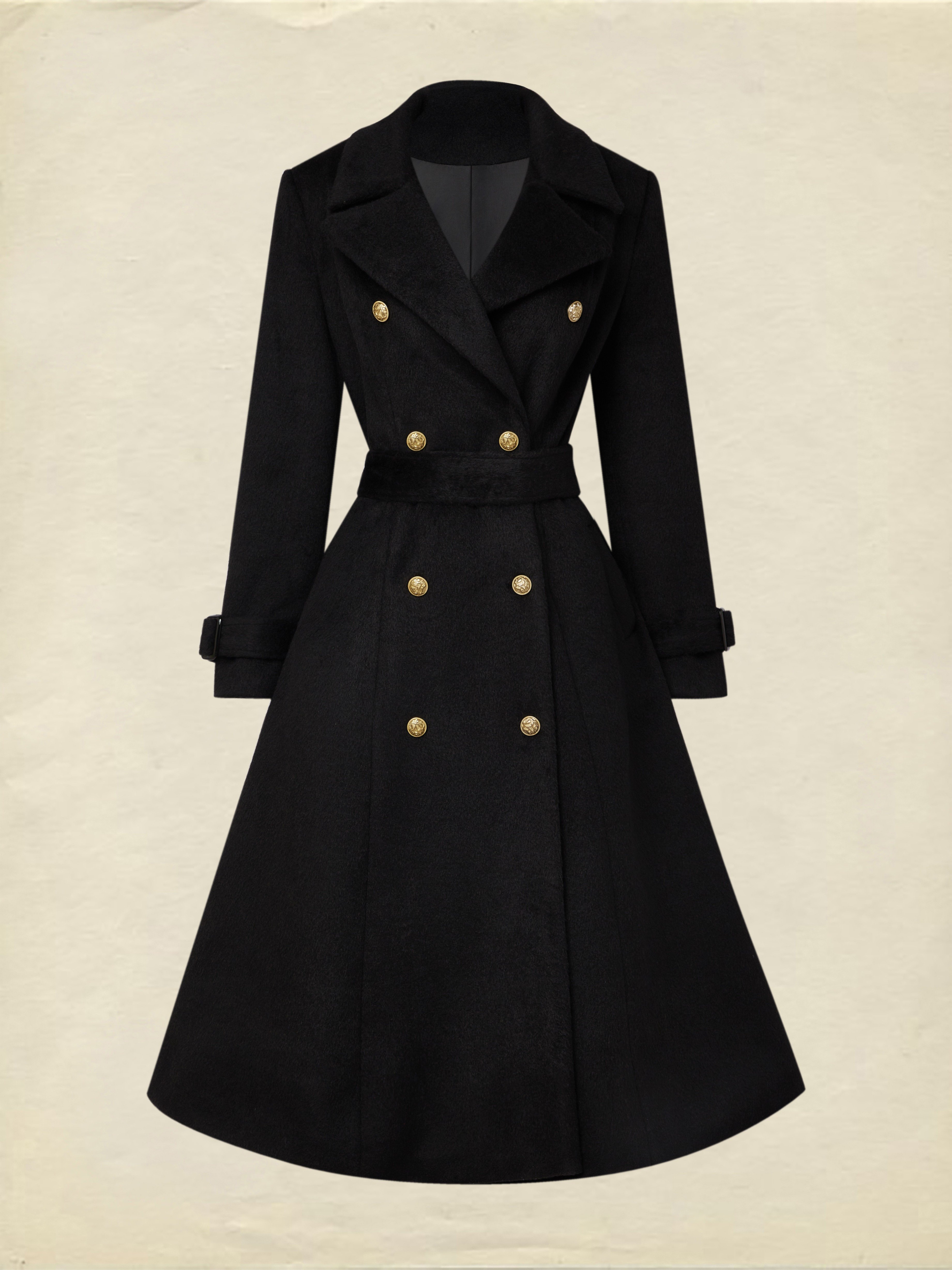 Wool Trench Coat, Long Sleeves, Lapel Collar, Plain, Button Design, Vintage, Black - Image 2