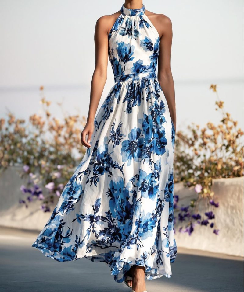 Linen Maxi Dress, Sleeveless, Halter, Floral, Vintage, White