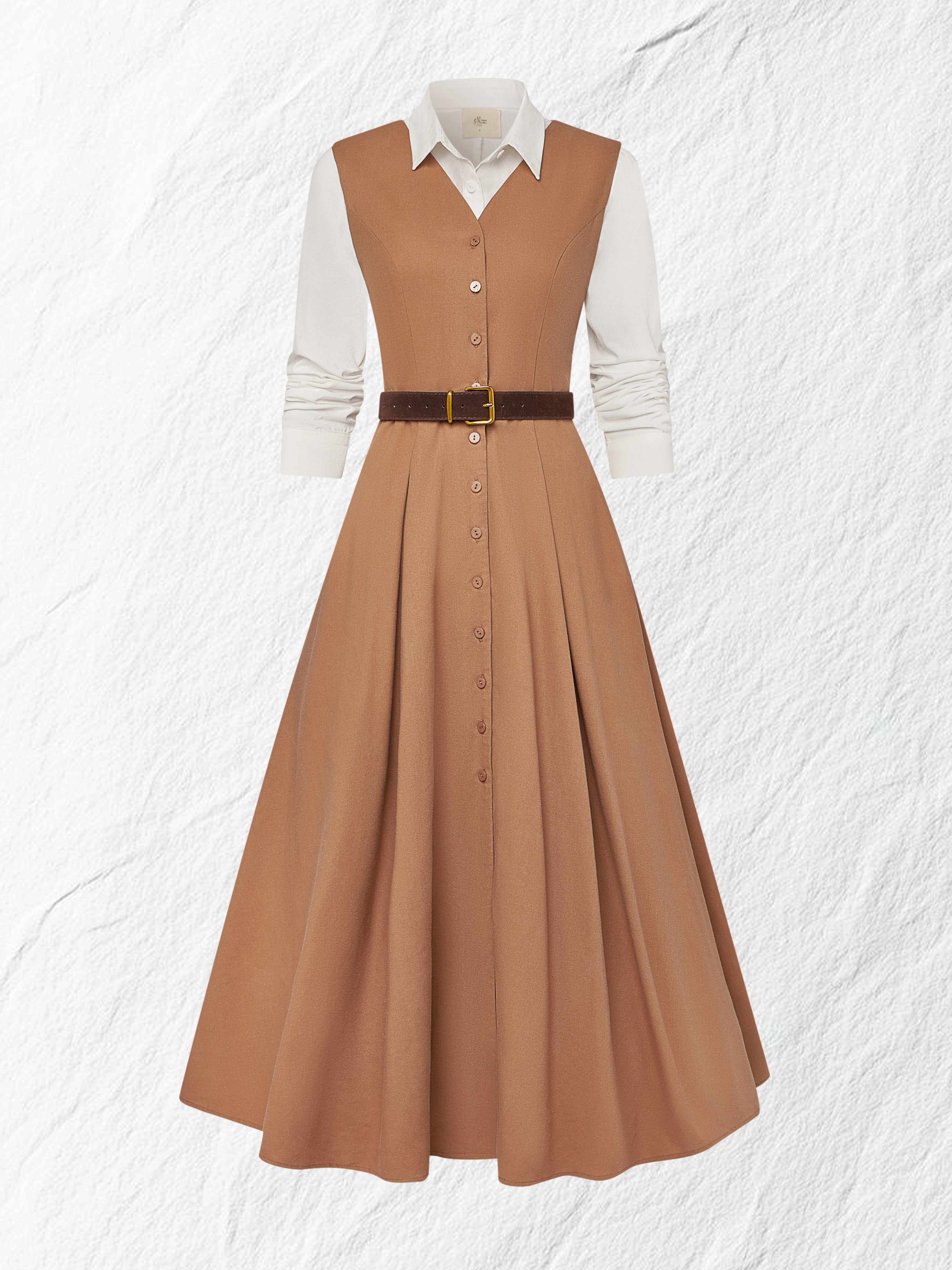 Maxi Linen Dress Set & Shirt, Long Sleeves, Shawl Collar, Plain, Button Design, French Vintage, Light Brown - Image 2