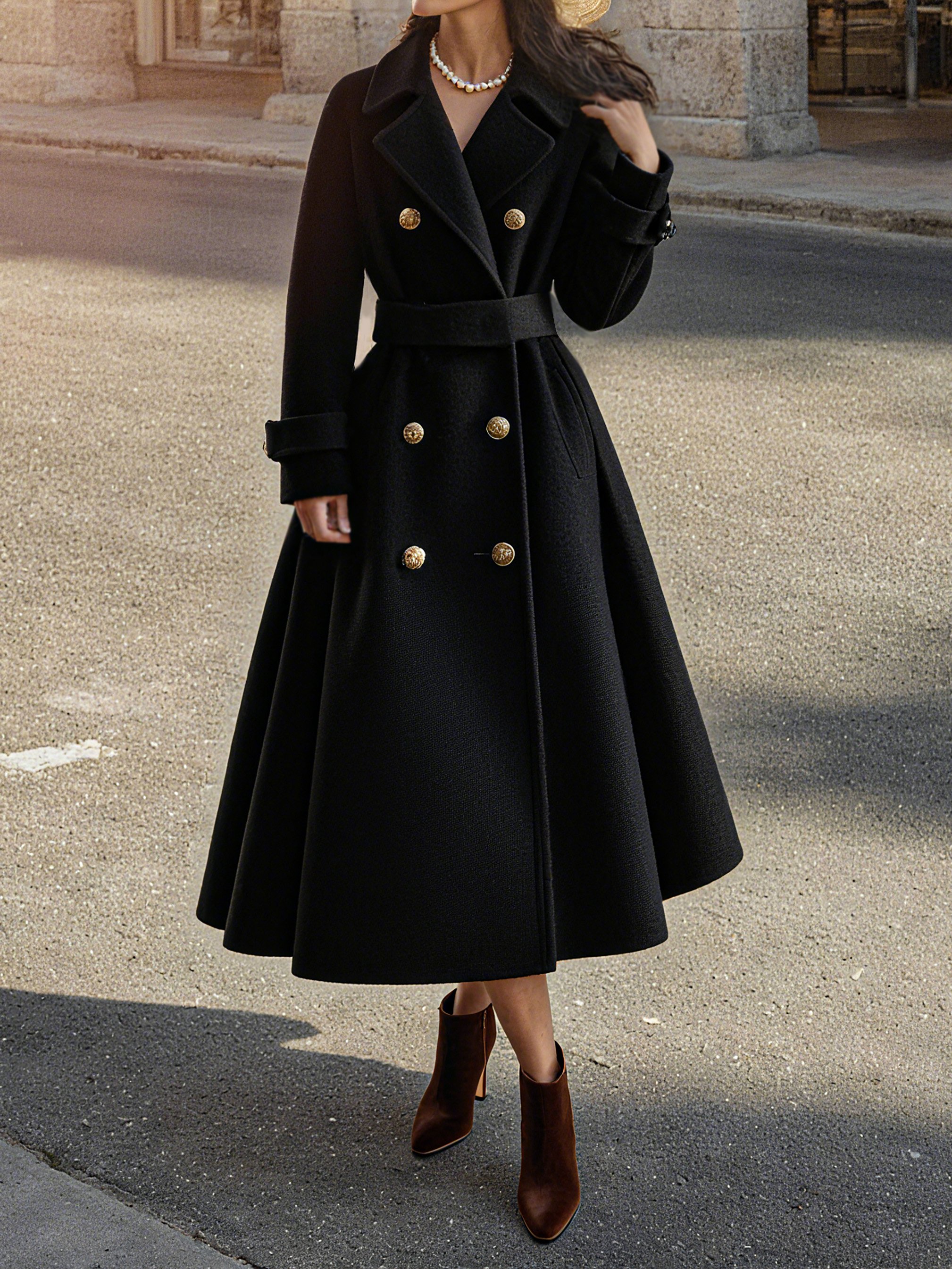 Wool Trench Coat, Long Sleeves, Lapel Collar, Plain, Button Design, Vintage, Black
