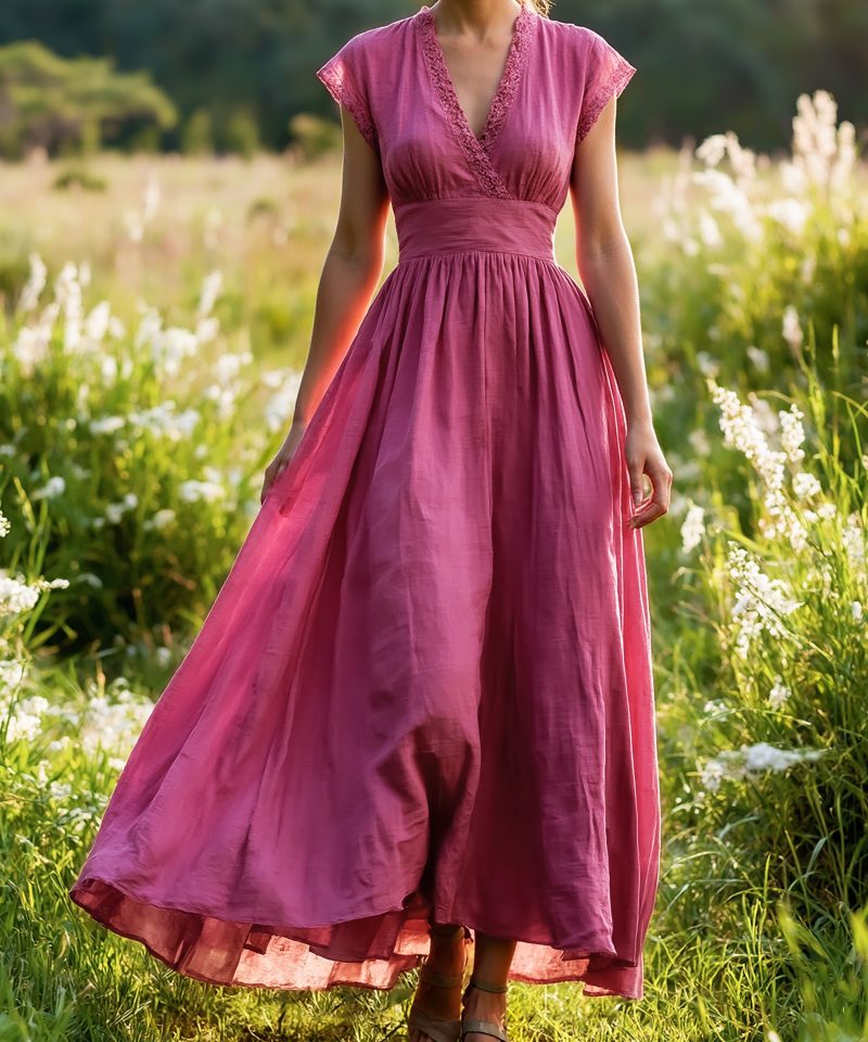 Maxi Linen Dress , Cap Sleeves, V Neck, Plain, Lace, Vintage, Rose Red